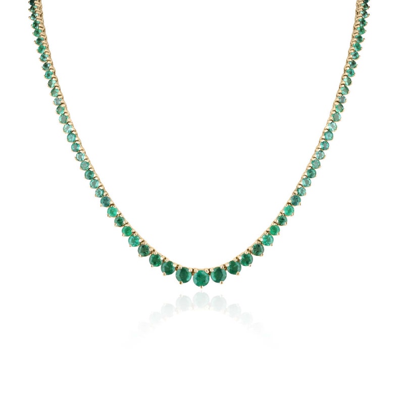 Colombian Emerald tennis necklace with 22.0tcw vivid medium dark green round emeralds on 14K yellow gold chain.