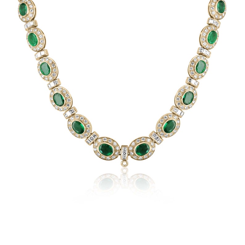 Emerald necklace with vivid green oval cut emeralds and diamonds in 18K gold, Colombian Emerald brand, elegant choker style.