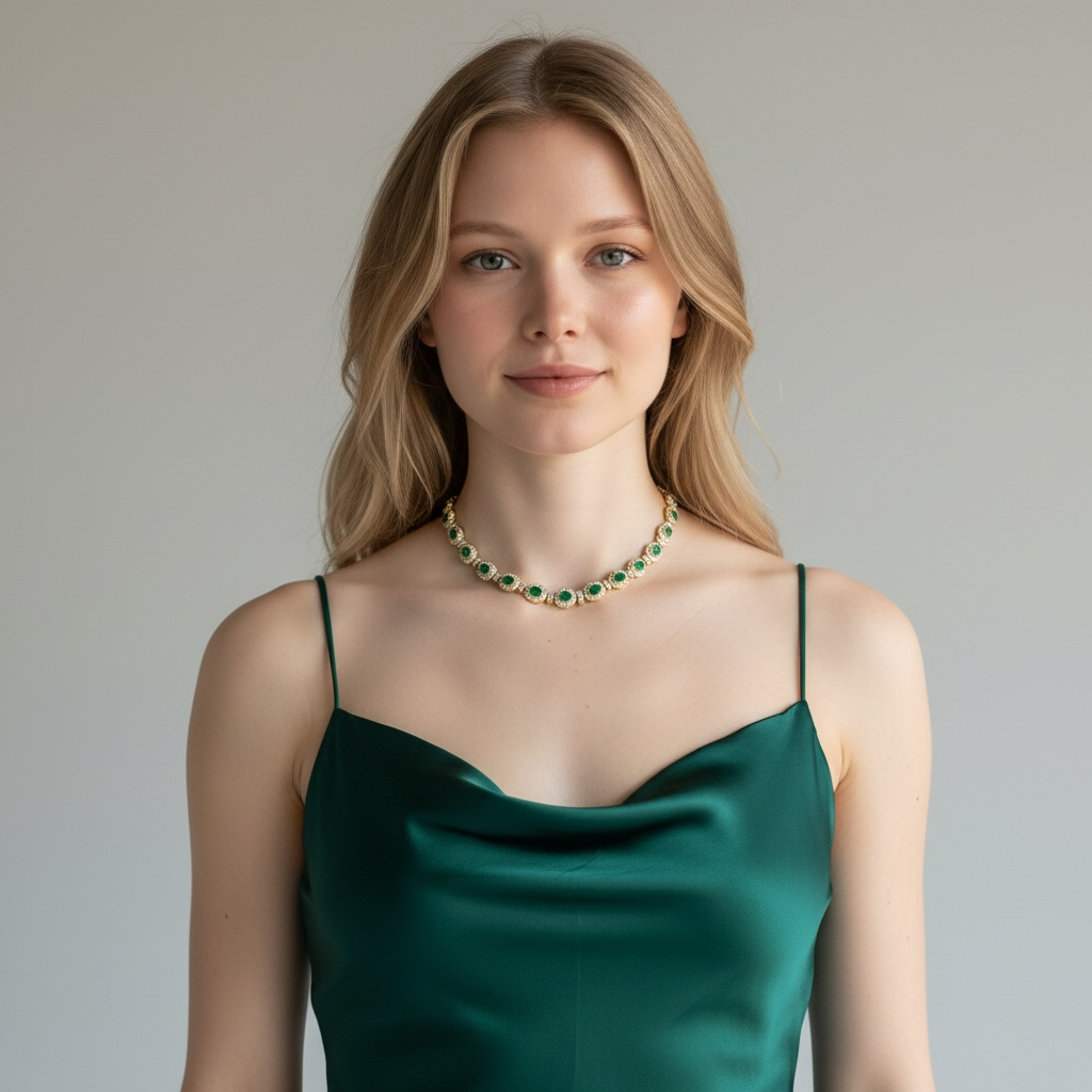 Vivid green oval cut emerald and diamond choker necklace in 18K gold, featuring Colombian Emerald branding.