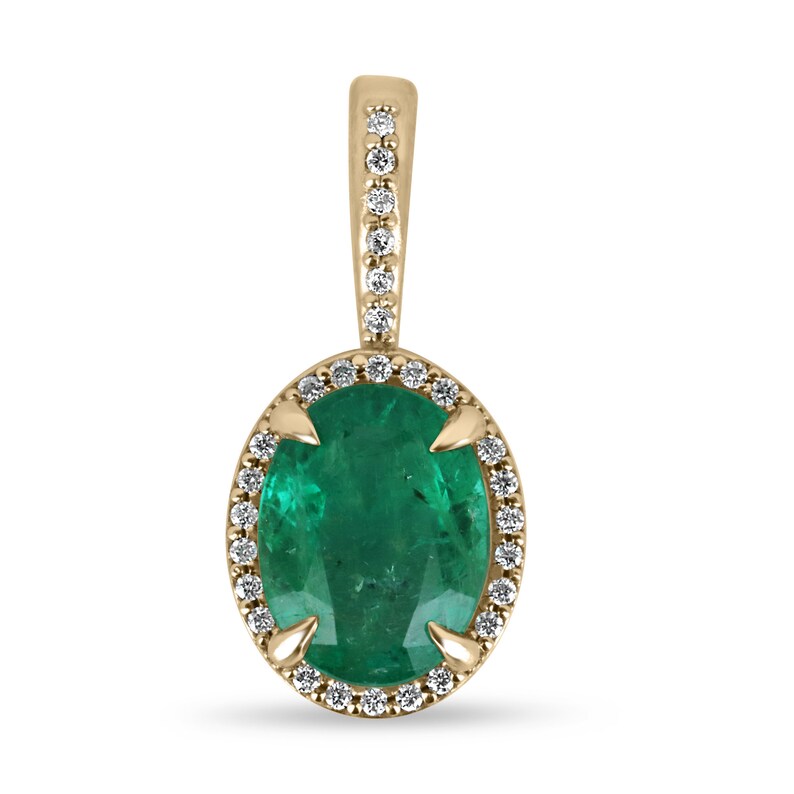 Deep green oval emerald pendant necklace with diamond halo, 14K gold Colombian Emerald brand jewelry image