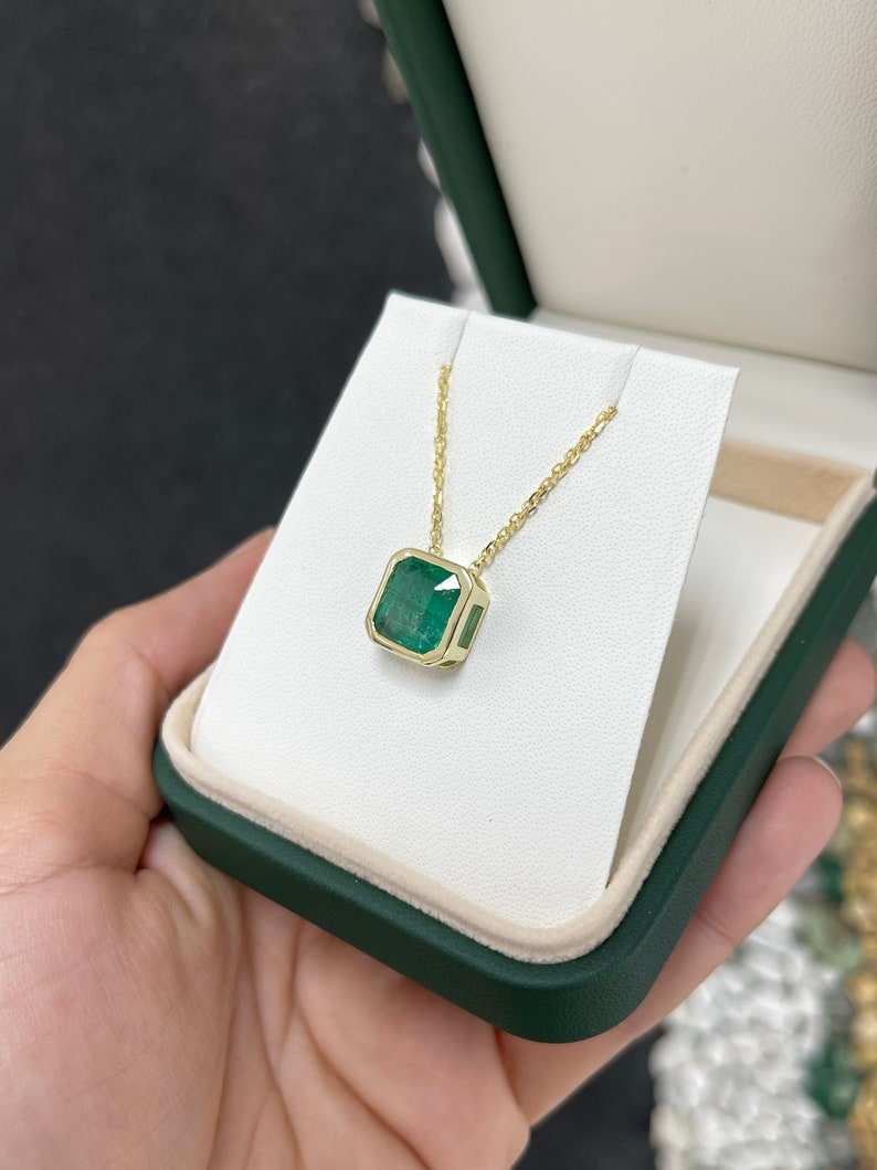 4.40ct 14K Gold Natural Asscher Cut Medium Dark Green Emerald Solitaire Gold Pendant Necklace - JR Colombian Emeralds