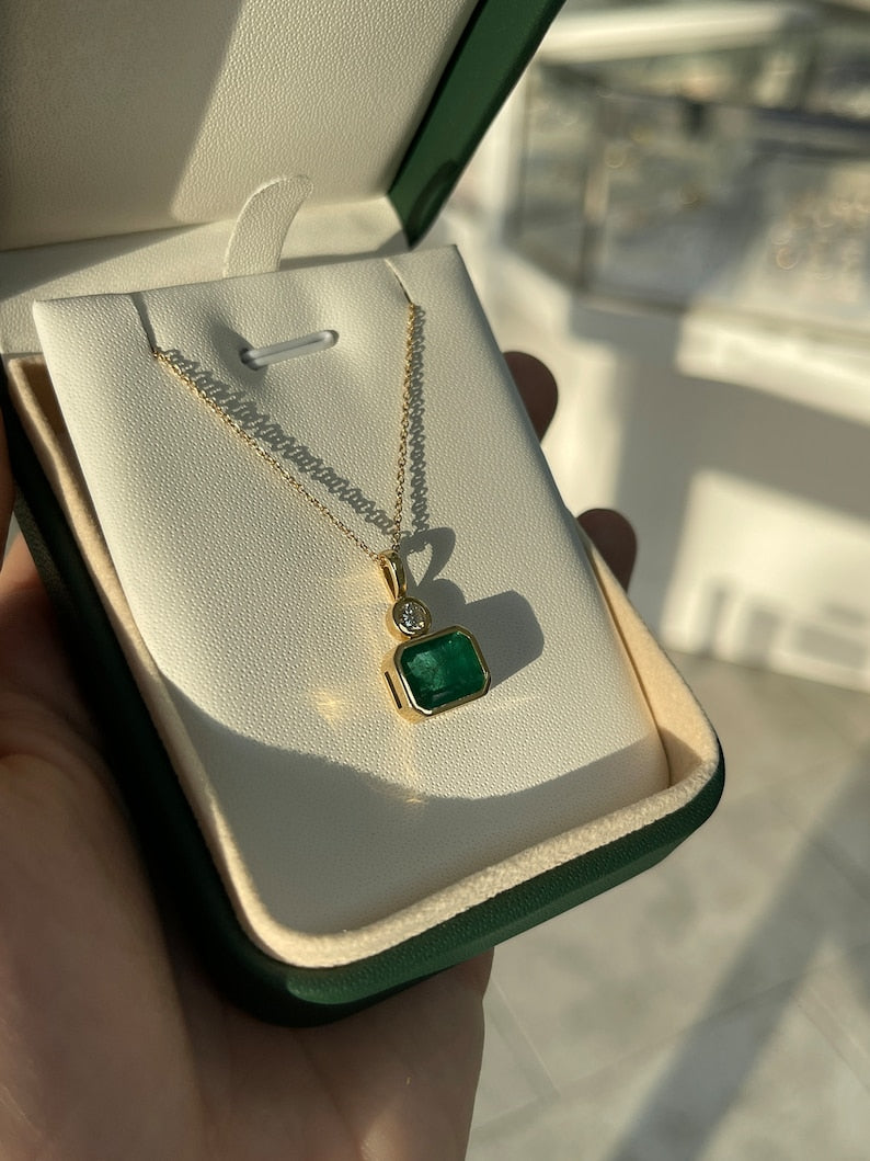 14K Colombian Emerald pendant with 3.60tcw dark green emerald and round cut diamonds, East-West design, jewelry necklace accessory