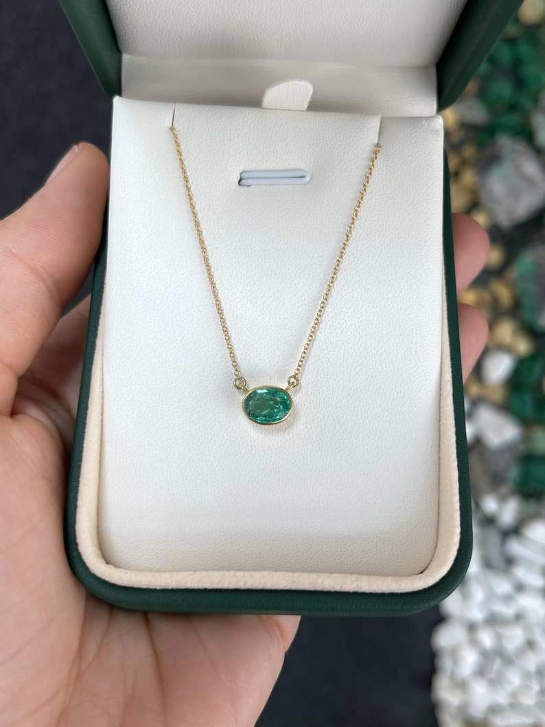 1.30 Carat Medium Green Emerald Oval Cut East to West Pendant Necklace 14K