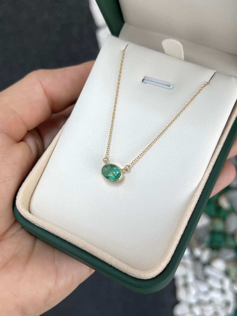 1.30 Carat Medium Green Emerald Oval Cut East to West Pendant Necklace 14K