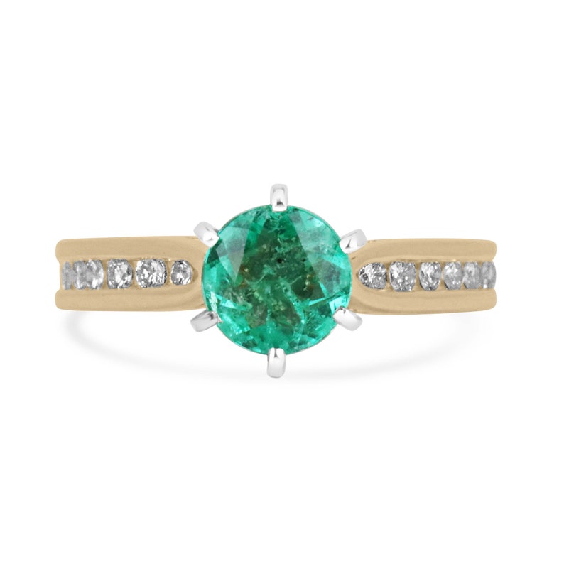 Colombian Emerald engagement ring with 1.02tcw two-tone 14K gold, round cut emerald and diamond accents, 6-prong setting