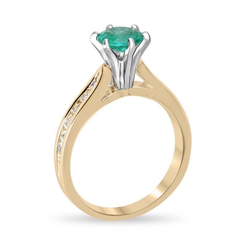 Two-toned 14K emerald and diamond accent engagement ring with round cut, six prongs, by Colombian Emerald.