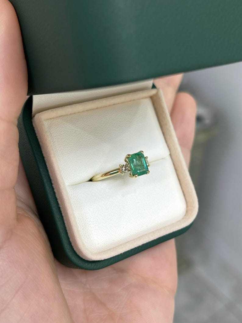 1.08tcw Emerald Cut & Diamond Three Stone May Birthstone Ring 14K