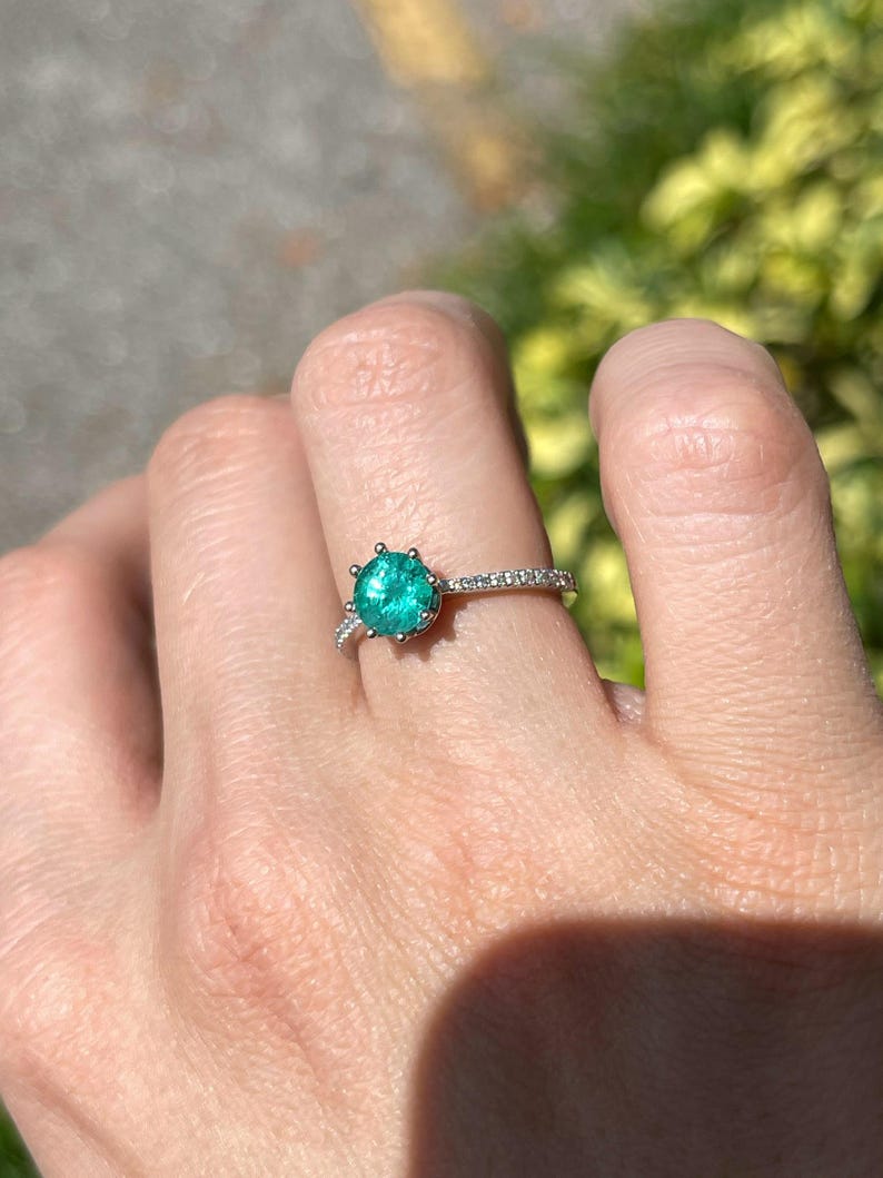 1.25tcw 14K Bluish Green Emerald & Diamond Accent 6 Prong Ring White Gold 585 - JR Colombian Emeralds