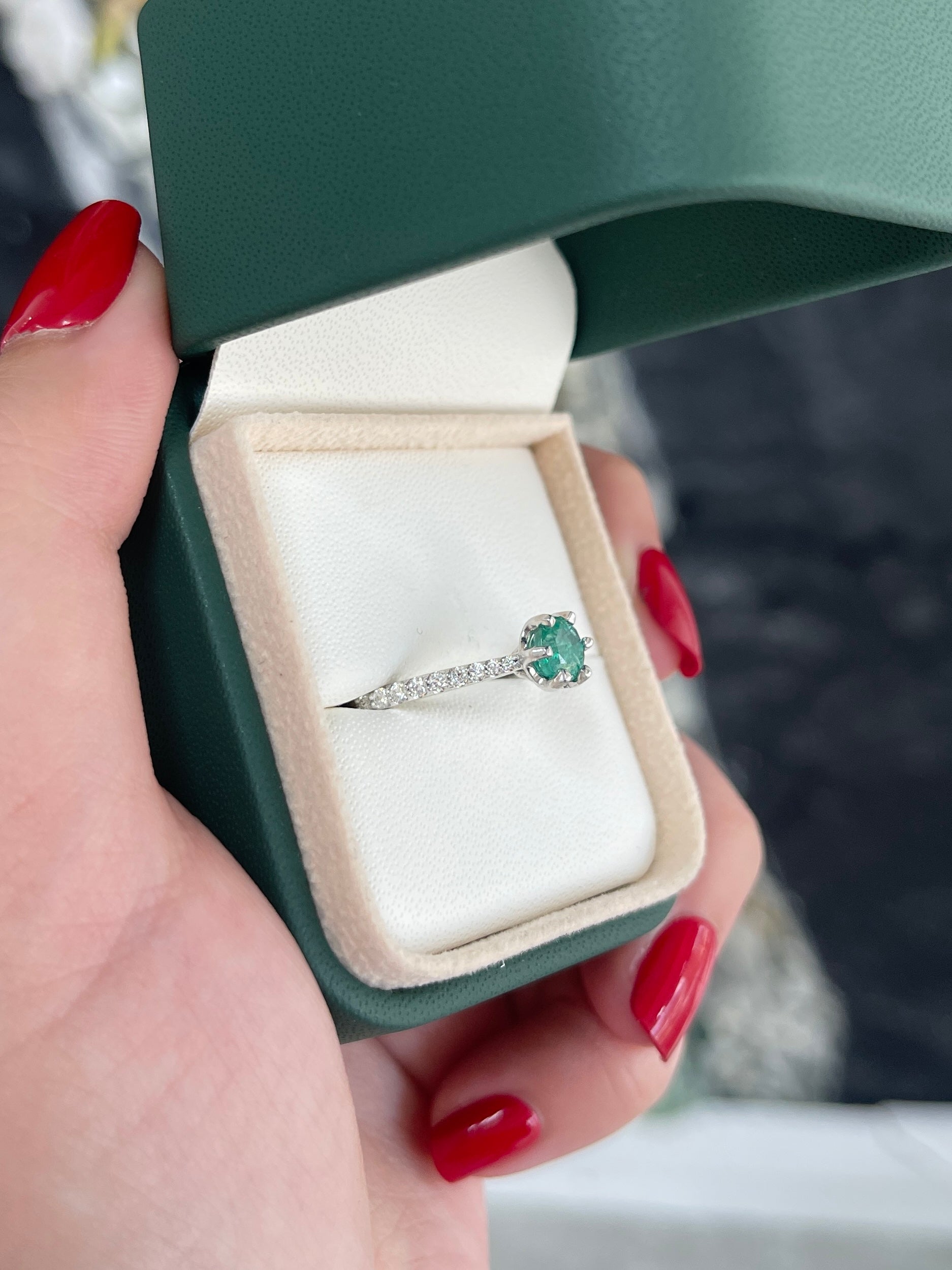 1.25tcw 14K Natural Emerald-Round Cut & Diamond Shank 6 Prong Engagement Ring - JR Colombian Emeralds
