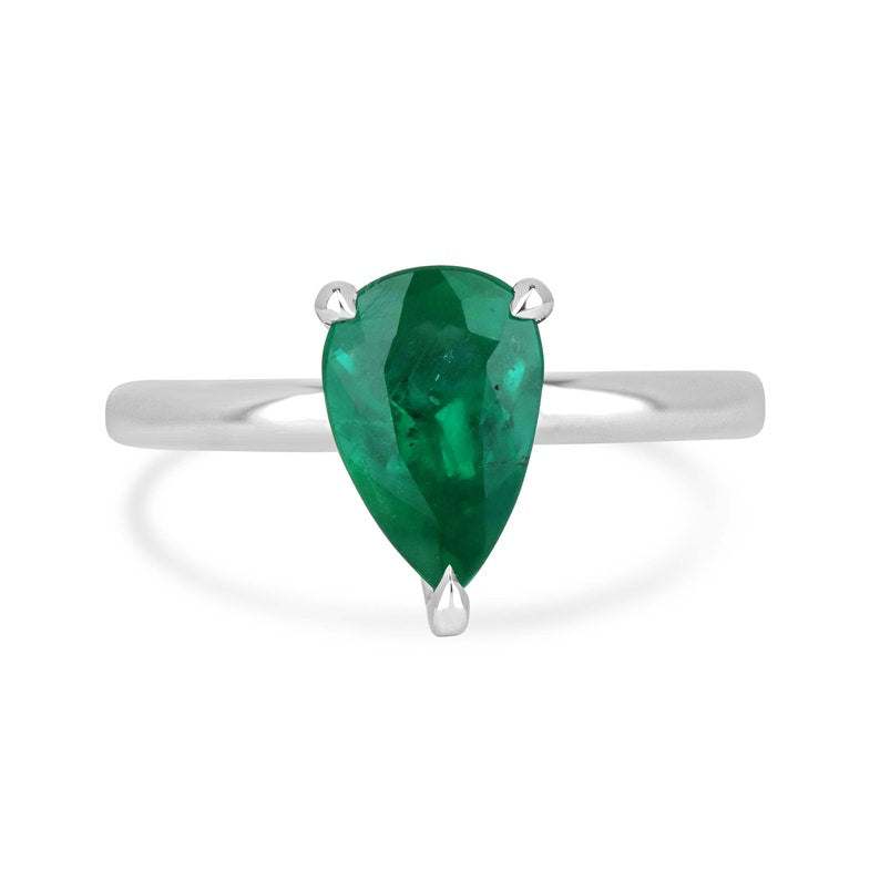 Colombian Emerald 1.28ct AAA pear cut engagement ring in 18K white gold with 3 prongs, showcasing a stunning emerald gemstone.