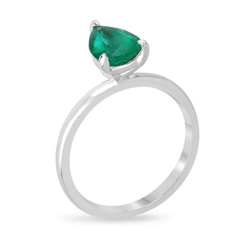 Colombian Emerald 1.28ct AAA quality pear cut engagement ring with 3 prongs in 18K white gold.