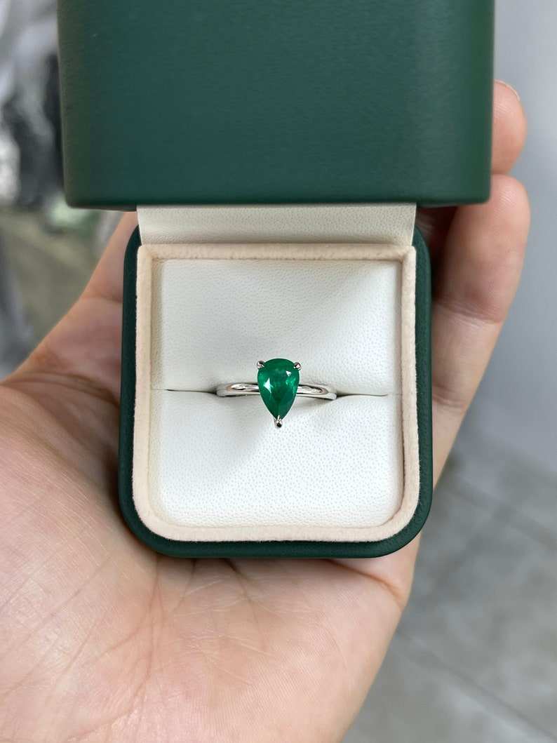 Colombian Emerald 1.28ct AAA quality pear cut engagement ring with 3-prong setting in 18K white gold