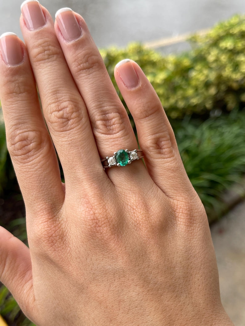 1.50tcw 14K White Gold Oval Emerald & Diamond Three Stone Right Hand Ring - JR Colombian Emeralds