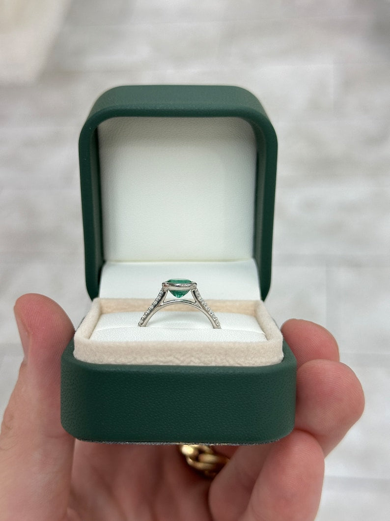 1.60tcw 14K Natural Medium Dark Green Round Emerald Cut & Diamond Shank Accent Ring - JR Colombian Emeralds