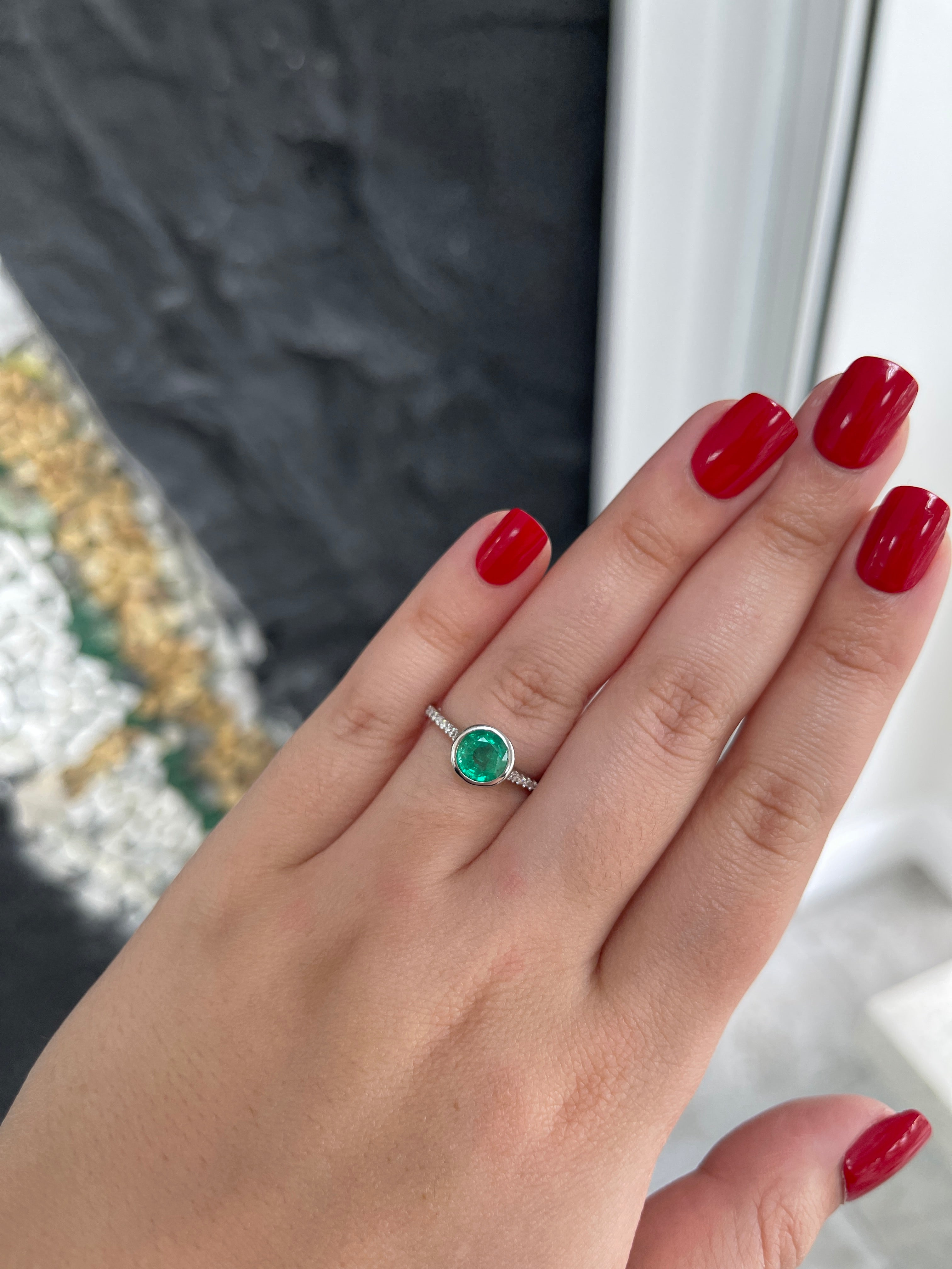1.60tcw 14K Natural Medium Dark Green Round Emerald Cut & Diamond Shank Accent Ring - JR Colombian Emeralds