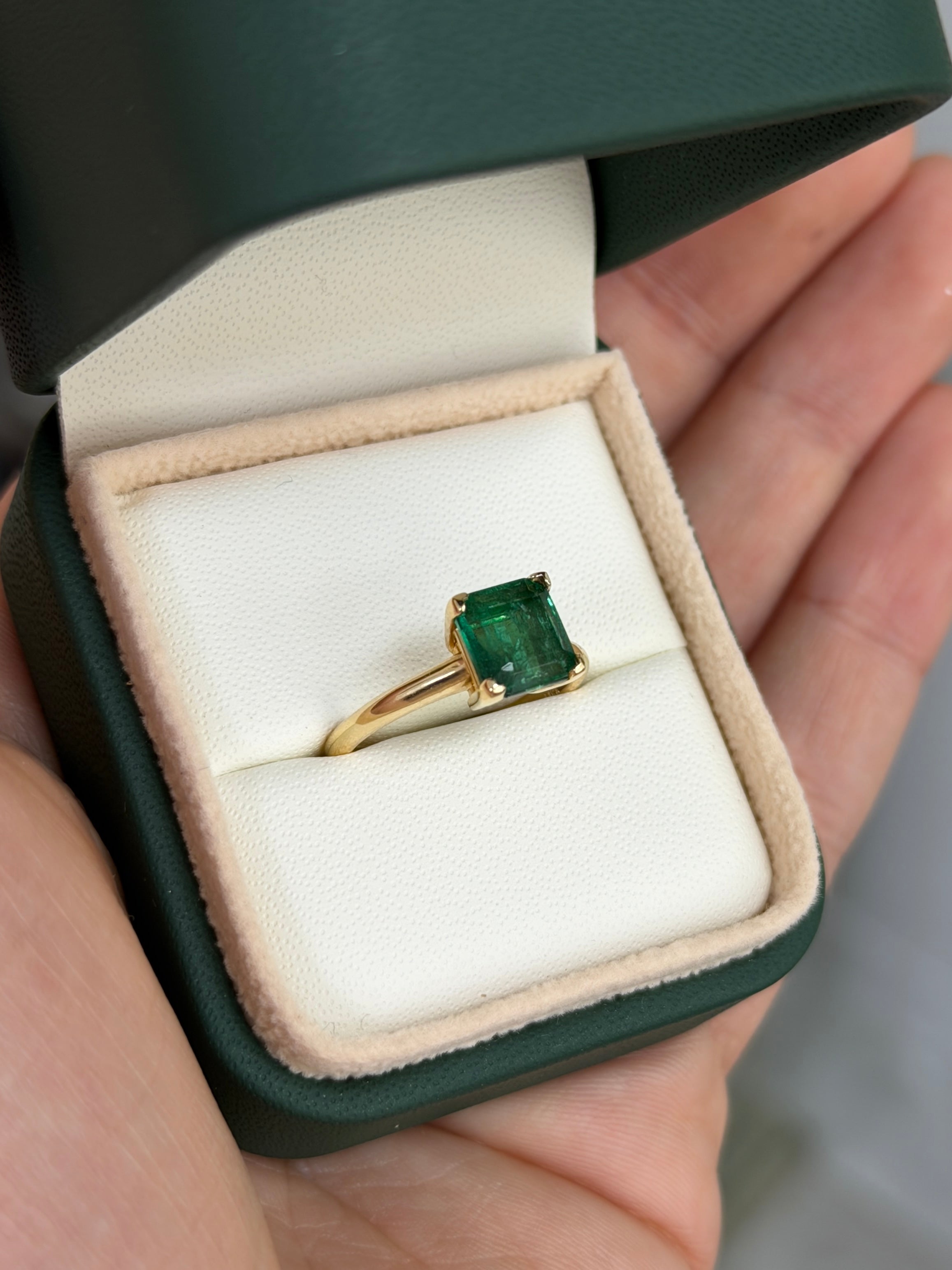 Deep green 1.99ct Asscher cut emerald solitaire engagement ring with V prongs in 14K gold, by Colombian Emerald.