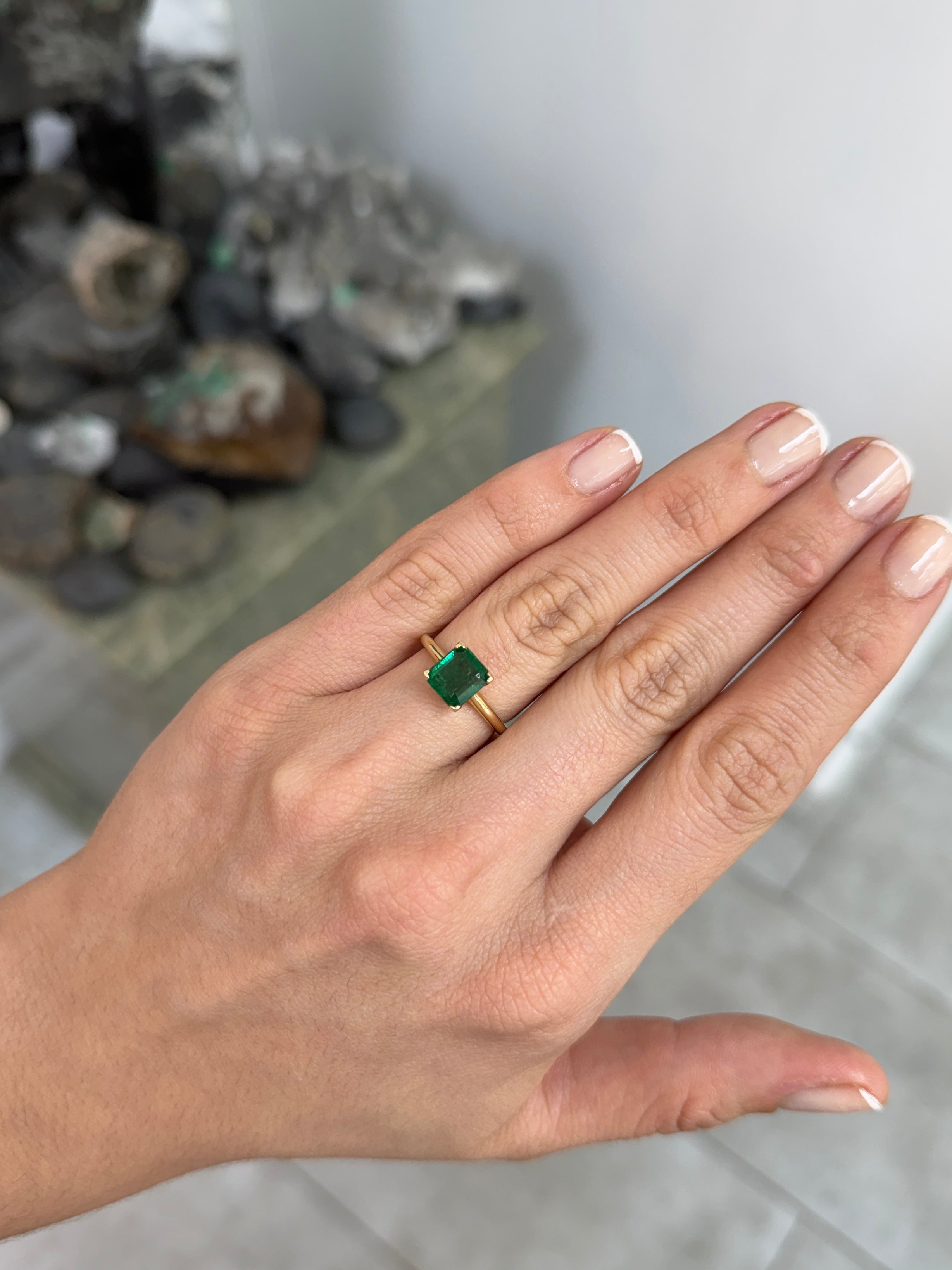 Deep green 1.99ct Asscher cut emerald solitaire engagement ring with V prongs in 14K gold by Colombian Emerald.