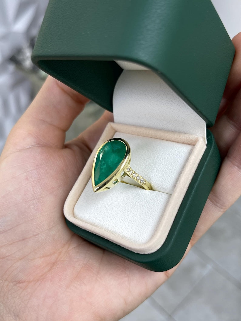 10.30tcw 18K Pear Cut Emerald & Diamond Ring - Natural Rich Green Bezel Set - JR Colombian Emeralds