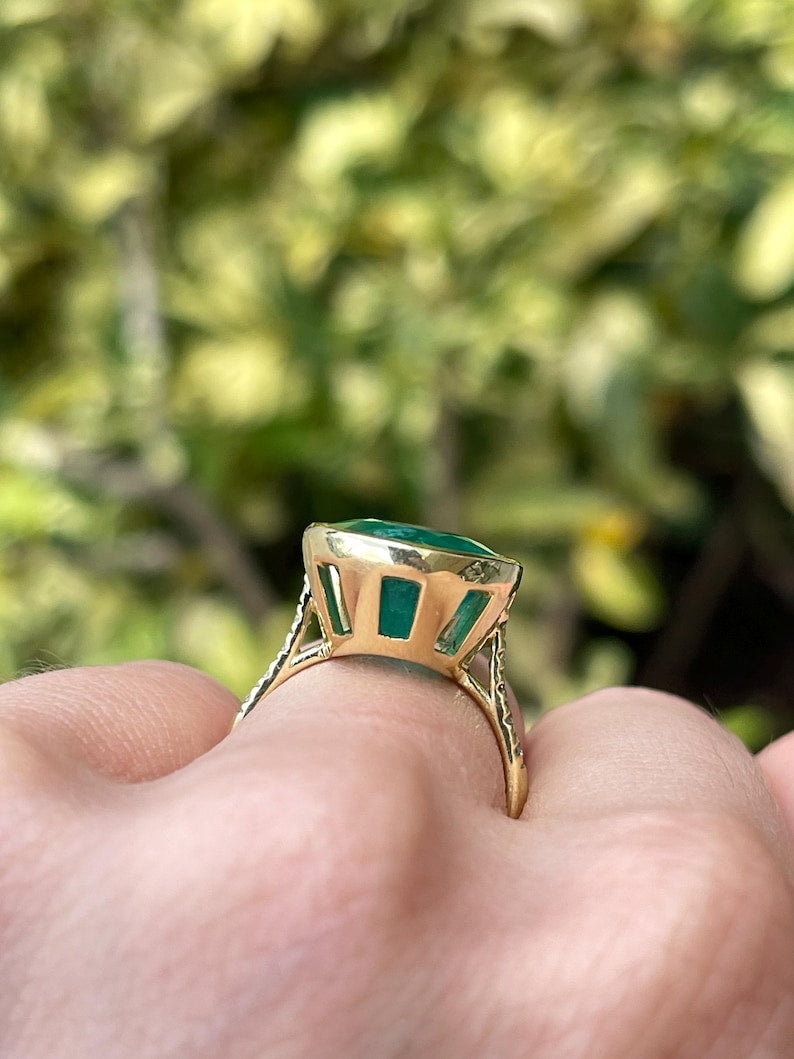 10.30tcw 18K Pear Cut Emerald & Diamond Ring - Natural Rich Green Bezel Set - JR Colombian Emeralds