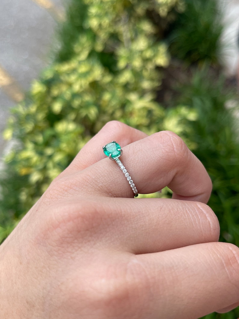 East to West Zambian emerald and diamond accent engagement ring in 14K gold with 1.60tcw, featuring Colombian Emerald brand.