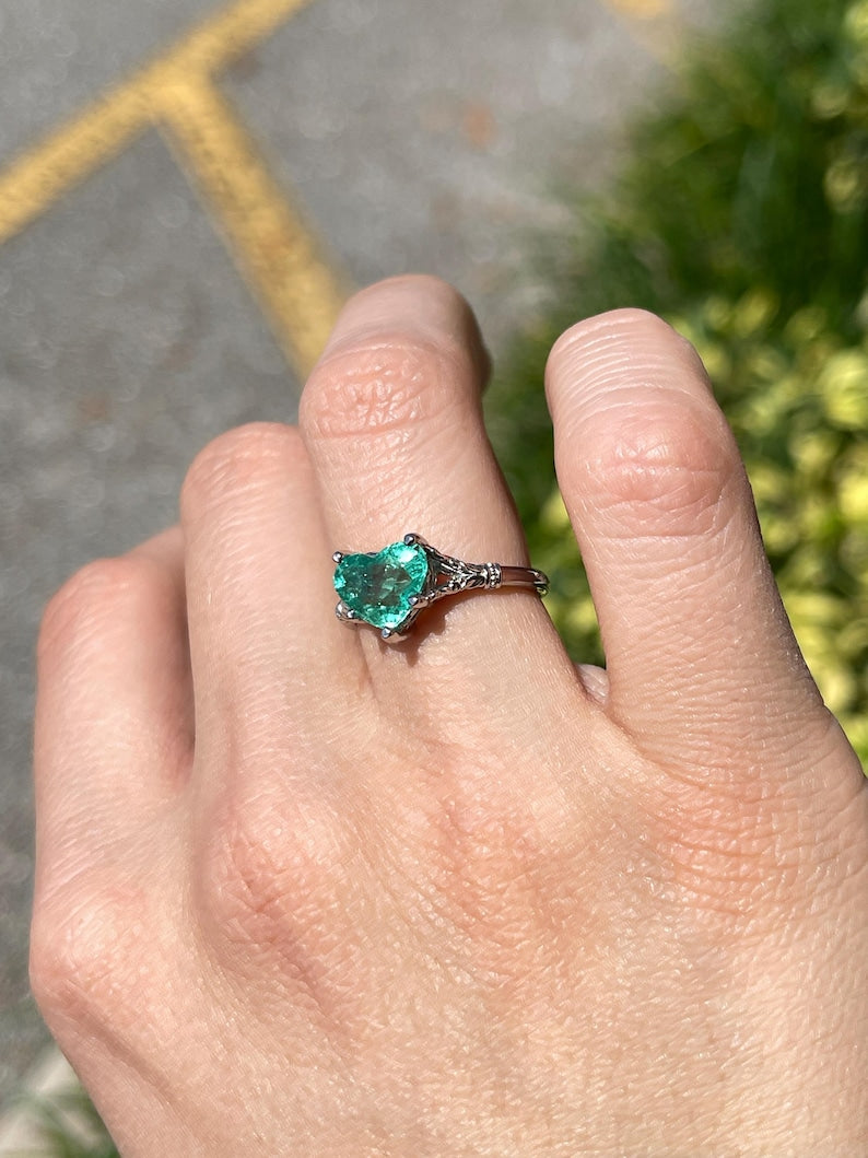 2.03ct Vivid Mint Green Heart Cut Colombian Emerald Solitaire Floral Set Ring - JR Colombian Emeralds