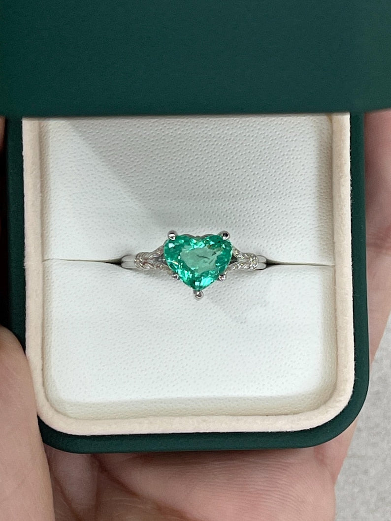 2.03ct Vivid Mint Green Heart Cut Colombian Emerald Solitaire Floral Set Ring - JR Colombian Emeralds