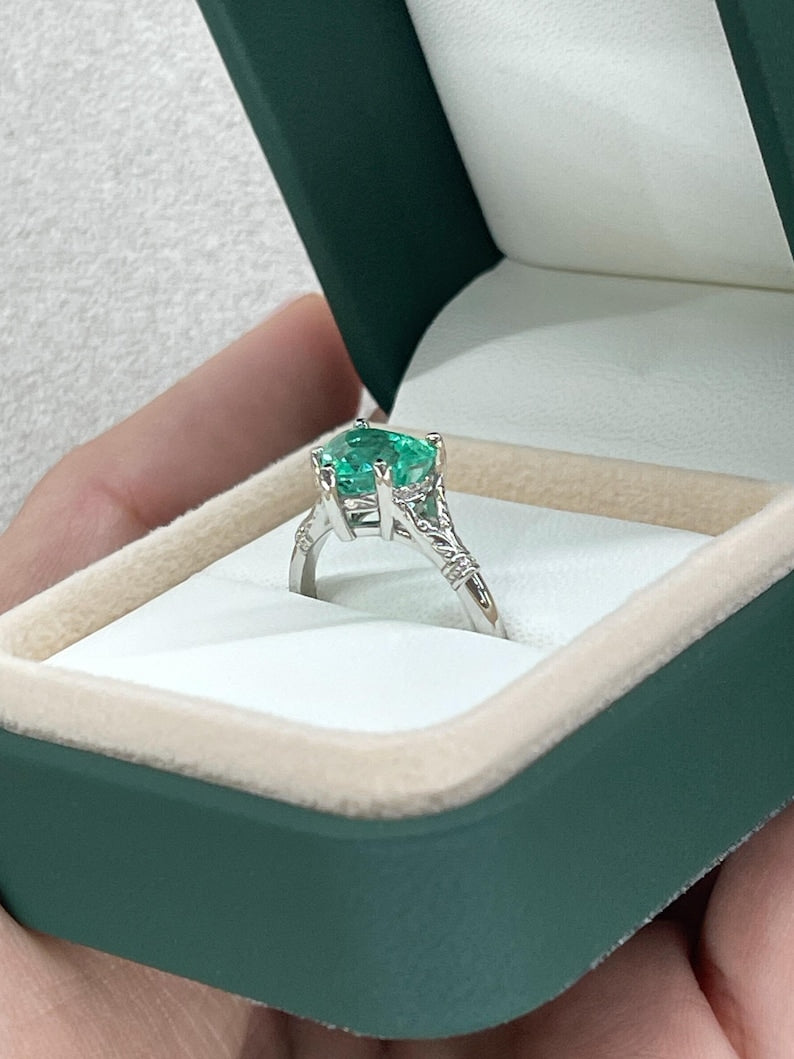 2.03ct Vivid Mint Green Heart Cut Colombian Emerald Solitaire Floral Set Ring - JR Colombian Emeralds