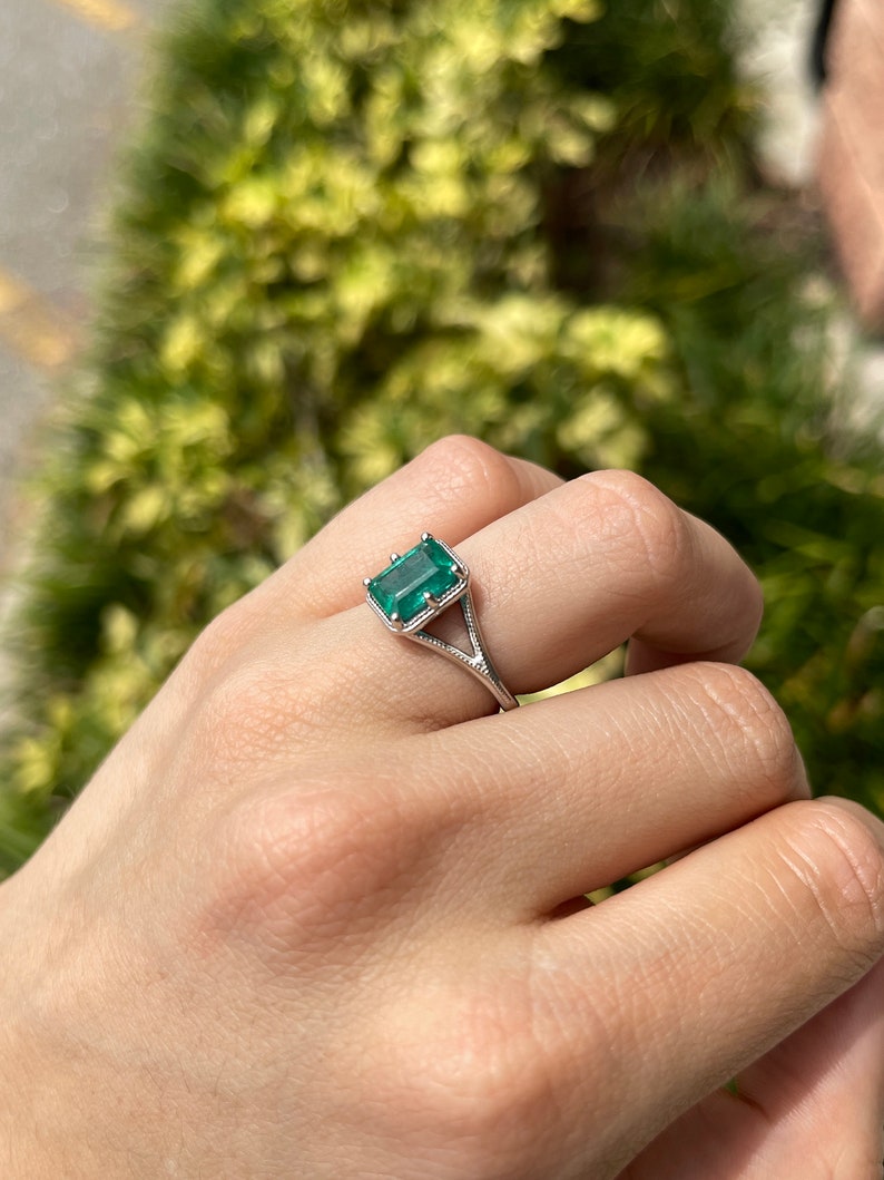 2.22ct Natural Bluish Green Emerald Cut Solitaire Ring in Platinum - JR Colombian Emeralds