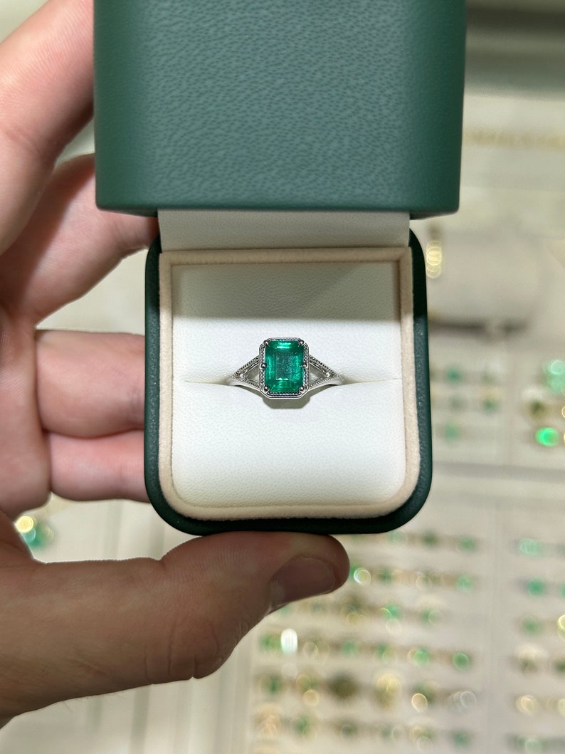 2.22ct Natural Bluish Green Emerald Cut Solitaire Ring in Platinum - JR Colombian Emeralds