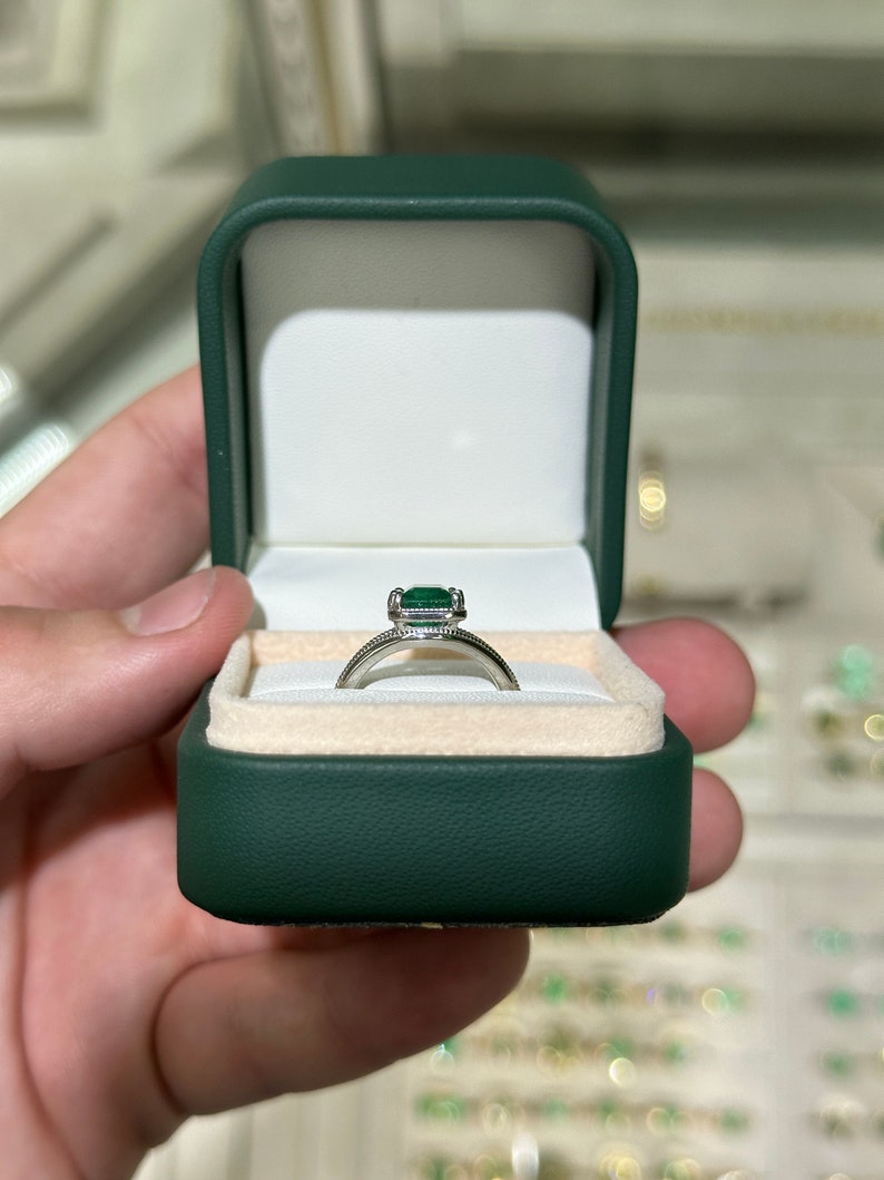 2.22ct Natural Bluish Green Emerald Cut Solitaire Ring in Platinum - JR Colombian Emeralds