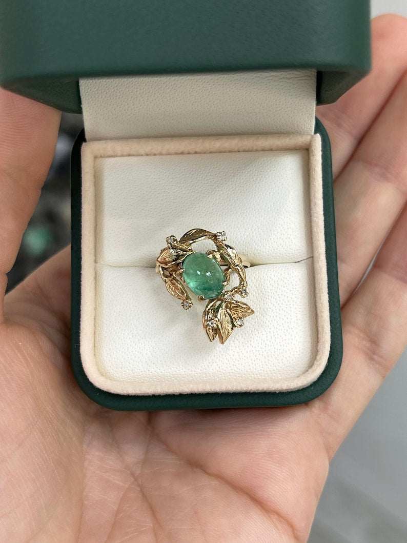 2.52tcw 14K Oval Emerald & Diamond Floral Leaf Ring in Yellow Gold 585 - JR Colombian Emeralds