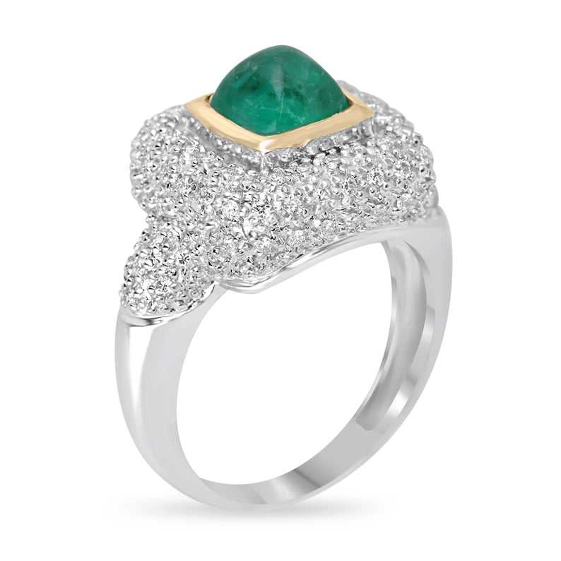Natural Colombian emerald cluster engagement ring with 2.54 tcw diamonds and halo, set in 14K gold.