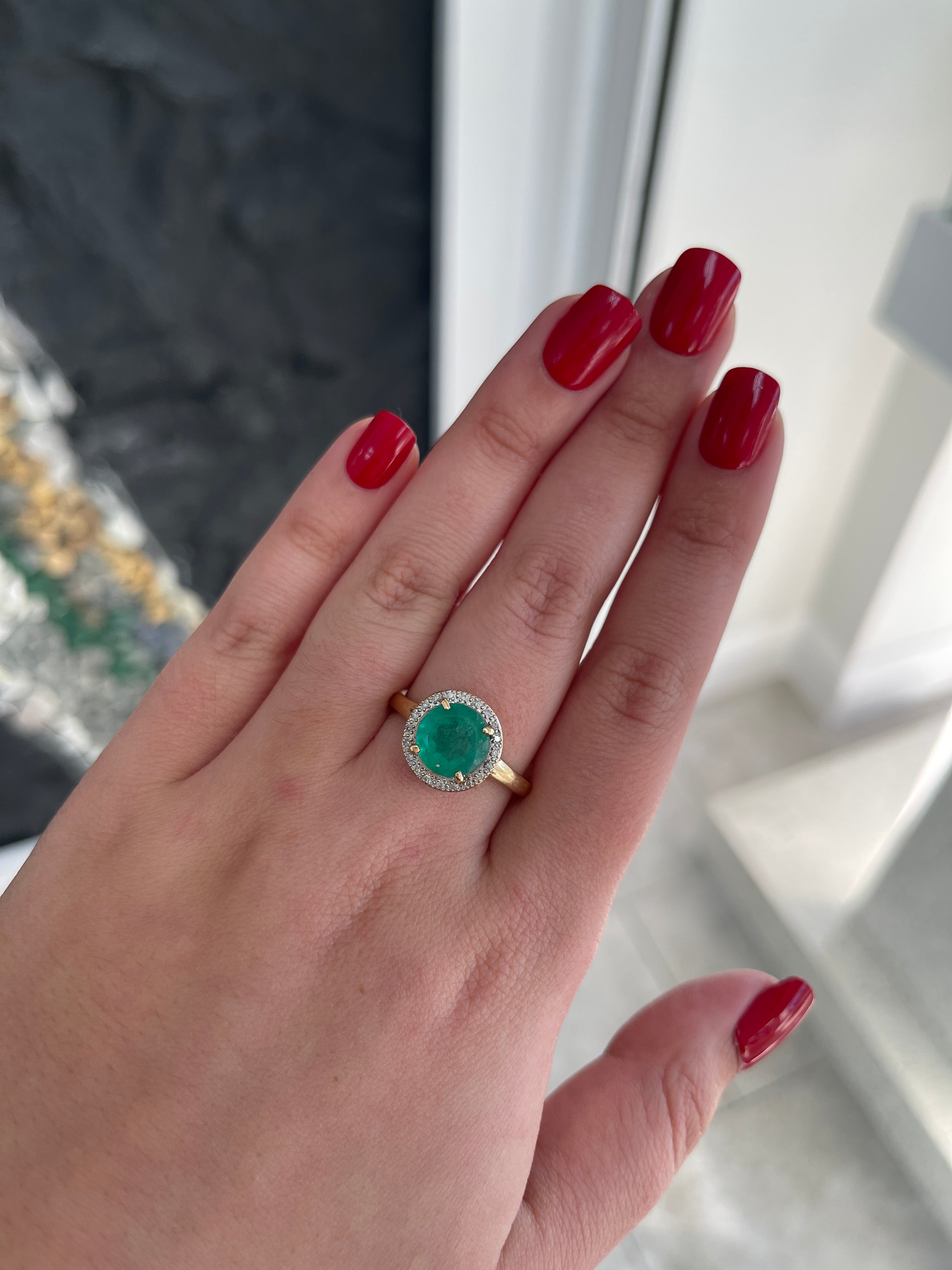 2.80tcw 14K Gold Round Cut Medium Green Emerald & Diamond Halo Right Hand Ring - JR Colombian Emeralds