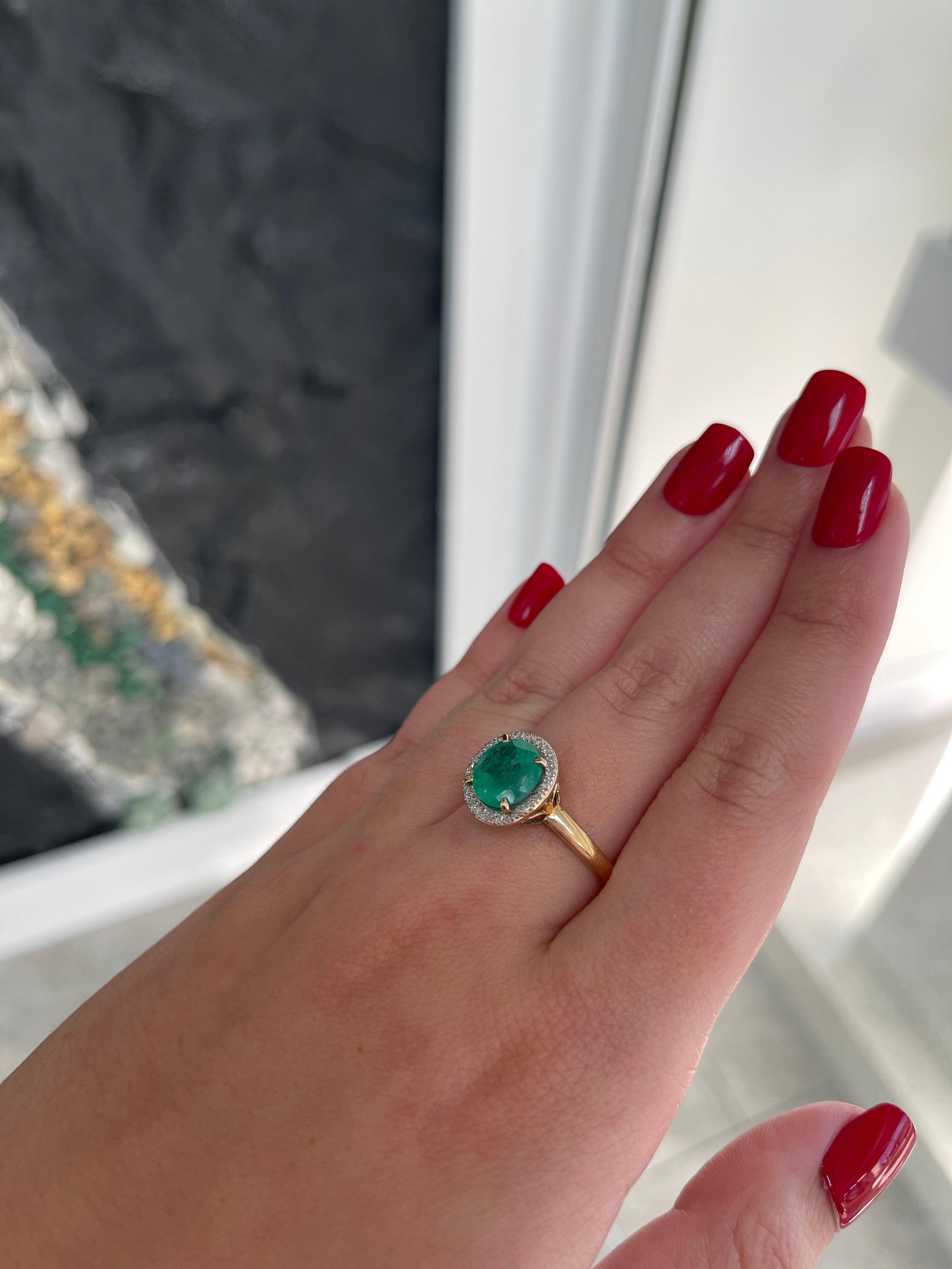 2.80tcw 14K Gold Round Cut Medium Green Emerald & Diamond Halo Right Hand Ring - JR Colombian Emeralds