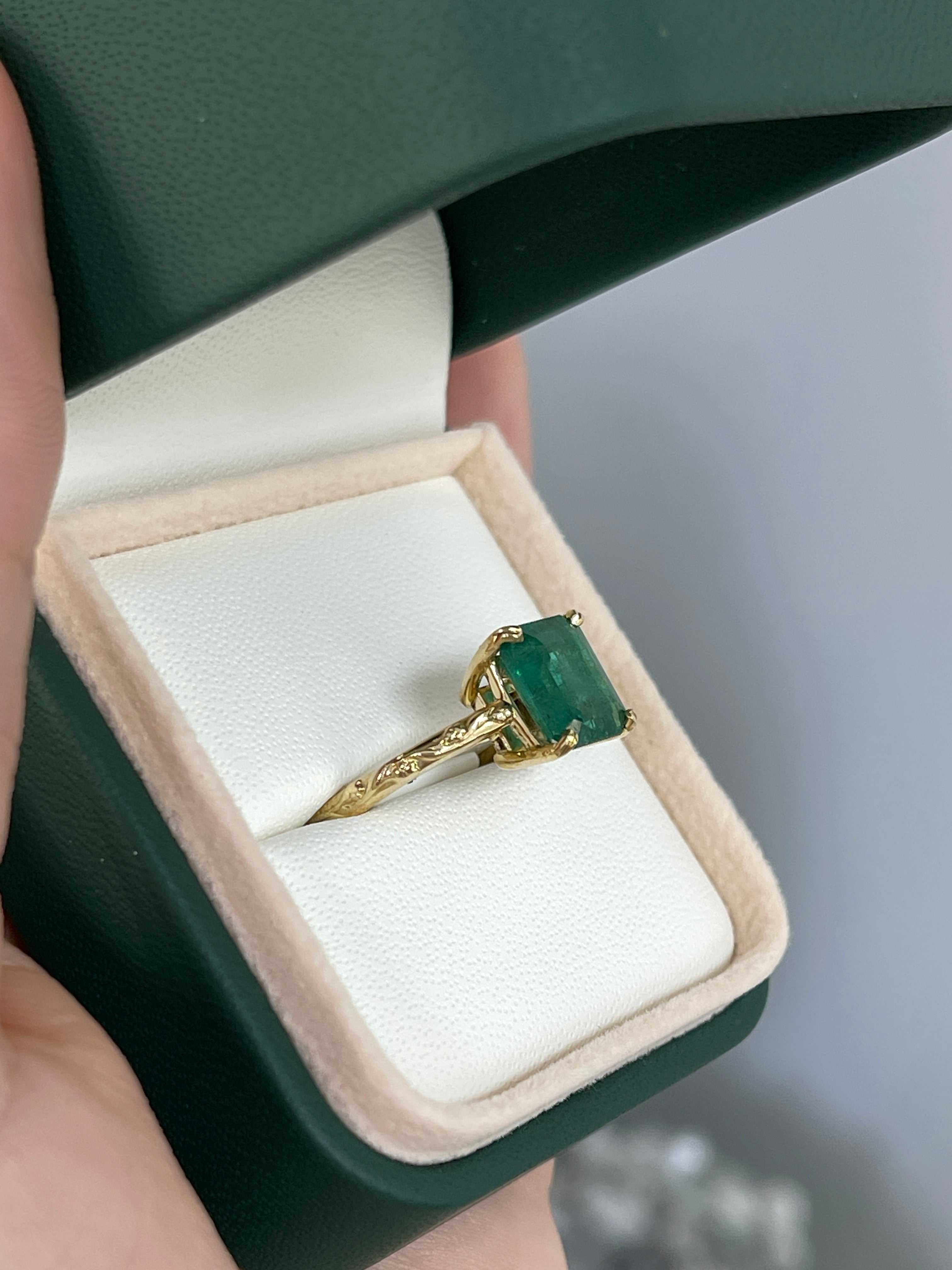 2.89ct Asscher Cut Medium Dark Green Emerald Solitaire Floral Carved Ring 14K Gold - JR Colombian Emeralds
