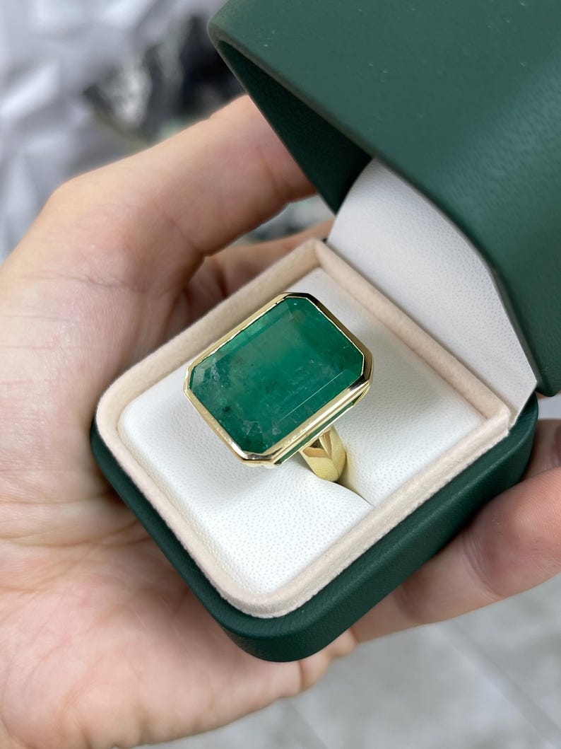 25.25 Carat 18K Emerald Solitaire Bezel Set Dark Green Statement Ring - JR Colombian Emeralds