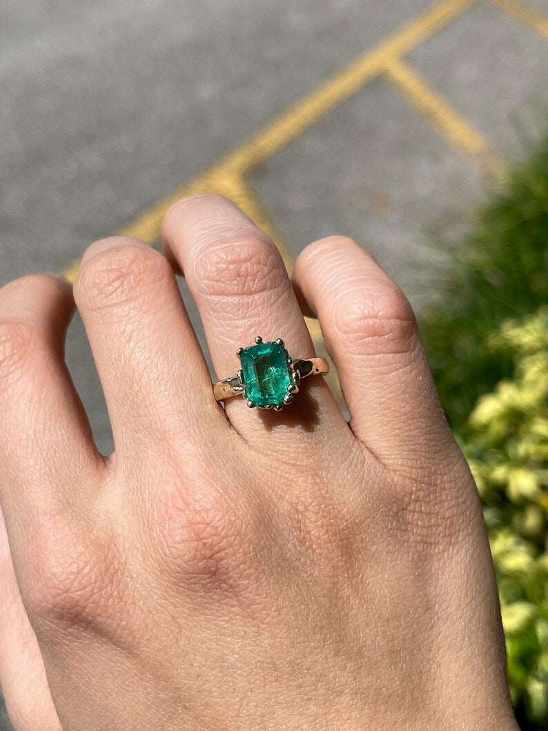14K gold engagement ring with a 3.10ct lush green emerald solitaire and organic gold nugget accents, Colombian Emerald brand