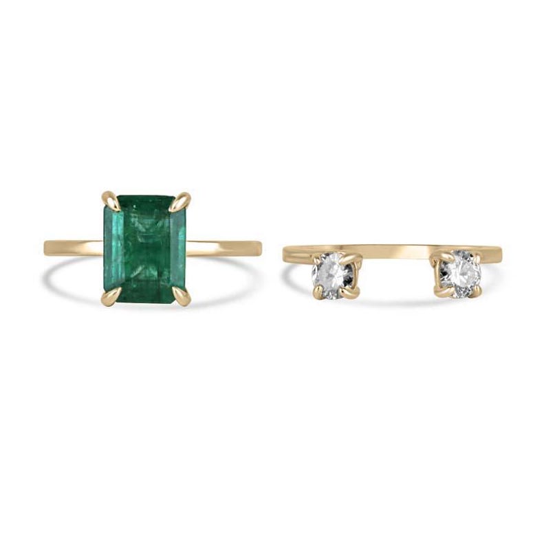 14K gold Colombian Emerald and diamond convertible three-stone engagement ring with 3.30tcw, featuring vibrant green emeralds and sparkling diamonds.