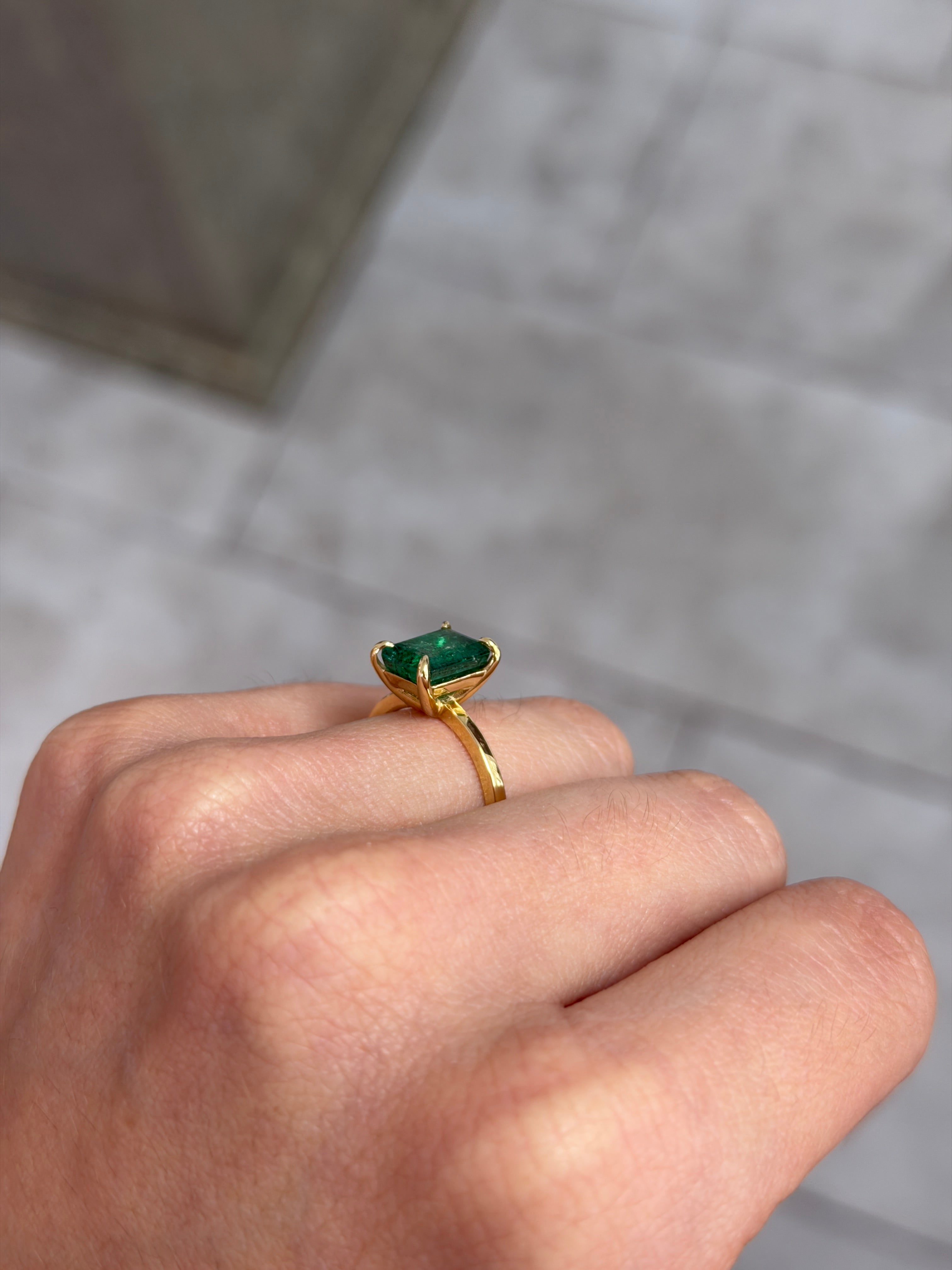 14K Colombian Emerald and diamond convertible engagement ring with three stones, featuring 3.30tcw natural emeralds and diamonds.