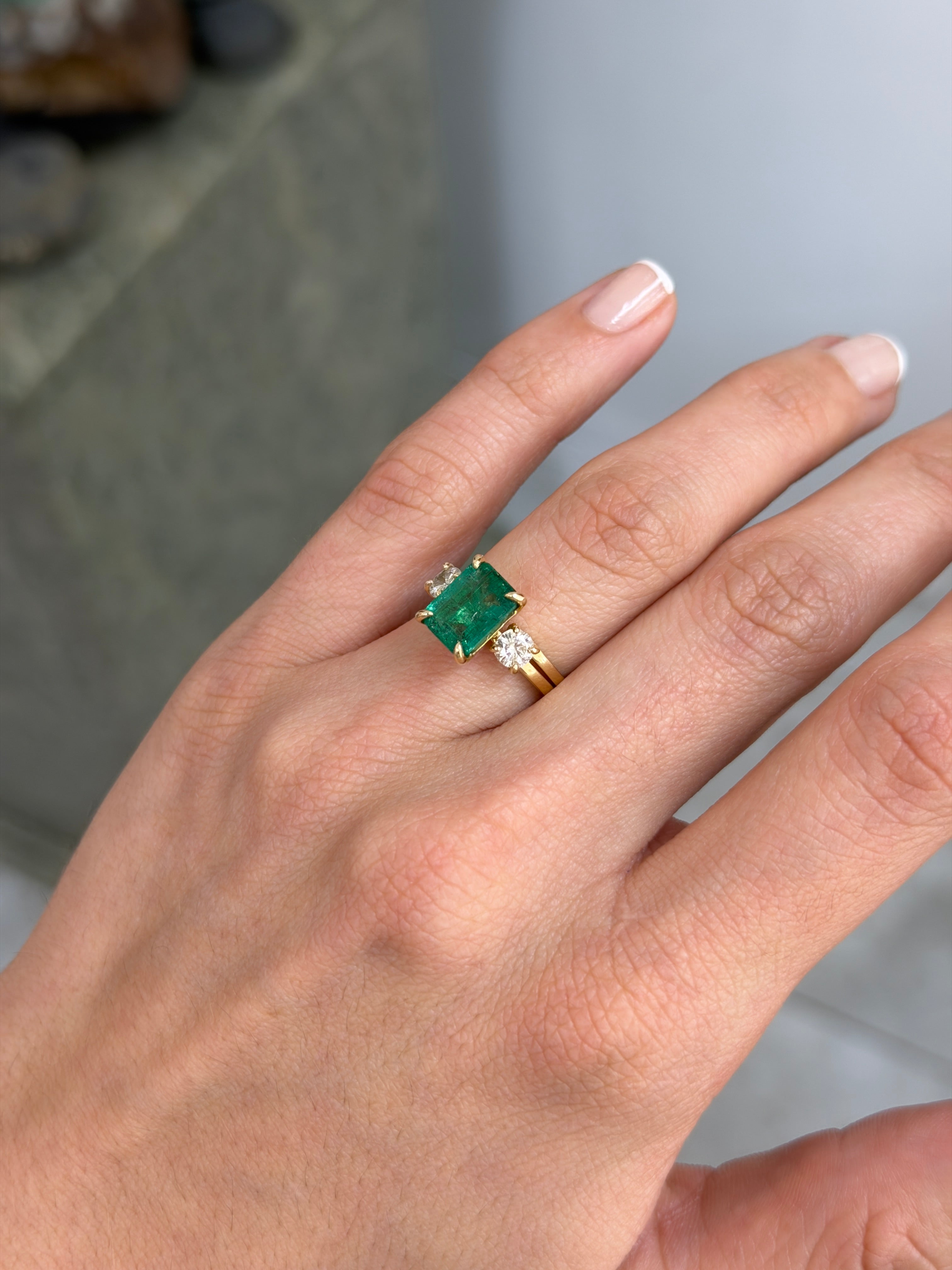 14K natural emerald and diamond convertible three-stone engagement ring featuring 3.30tcw from Colombian Emerald.
