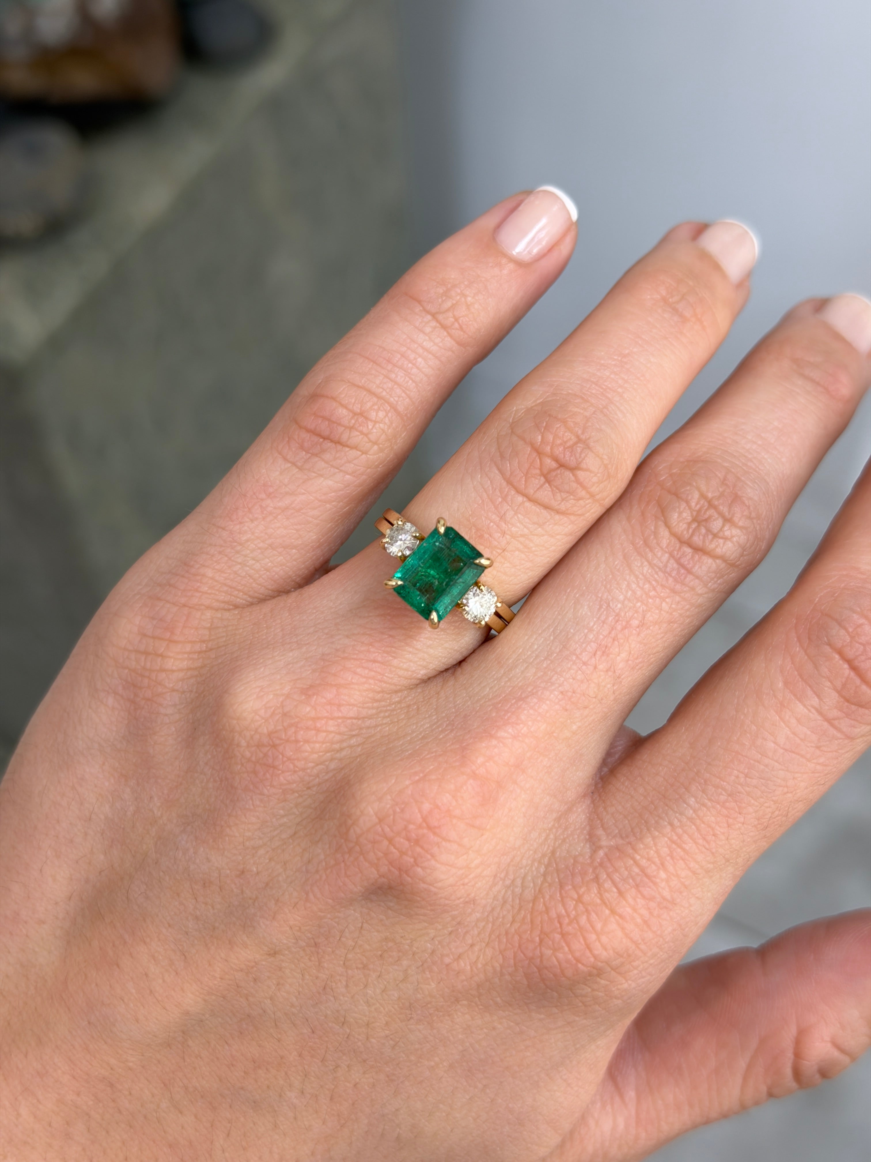 14K natural emerald and diamond convertible three-stone engagement ring featuring 3.30tcw from Colombian Emerald.
