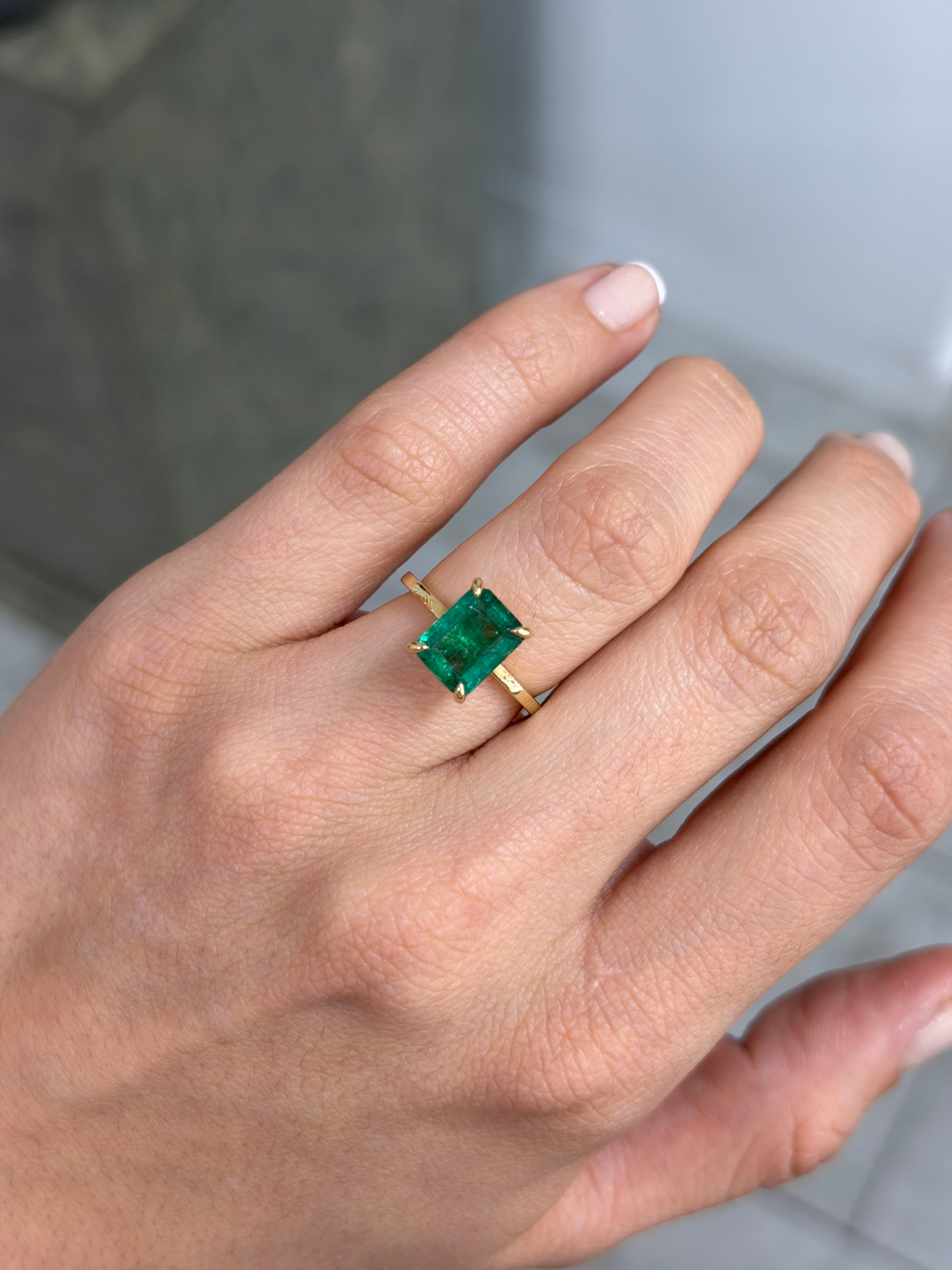 14K natural emerald and diamond convertible three-stone engagement ring with 3.30tcw, featuring Colombian emeralds and elegant design.