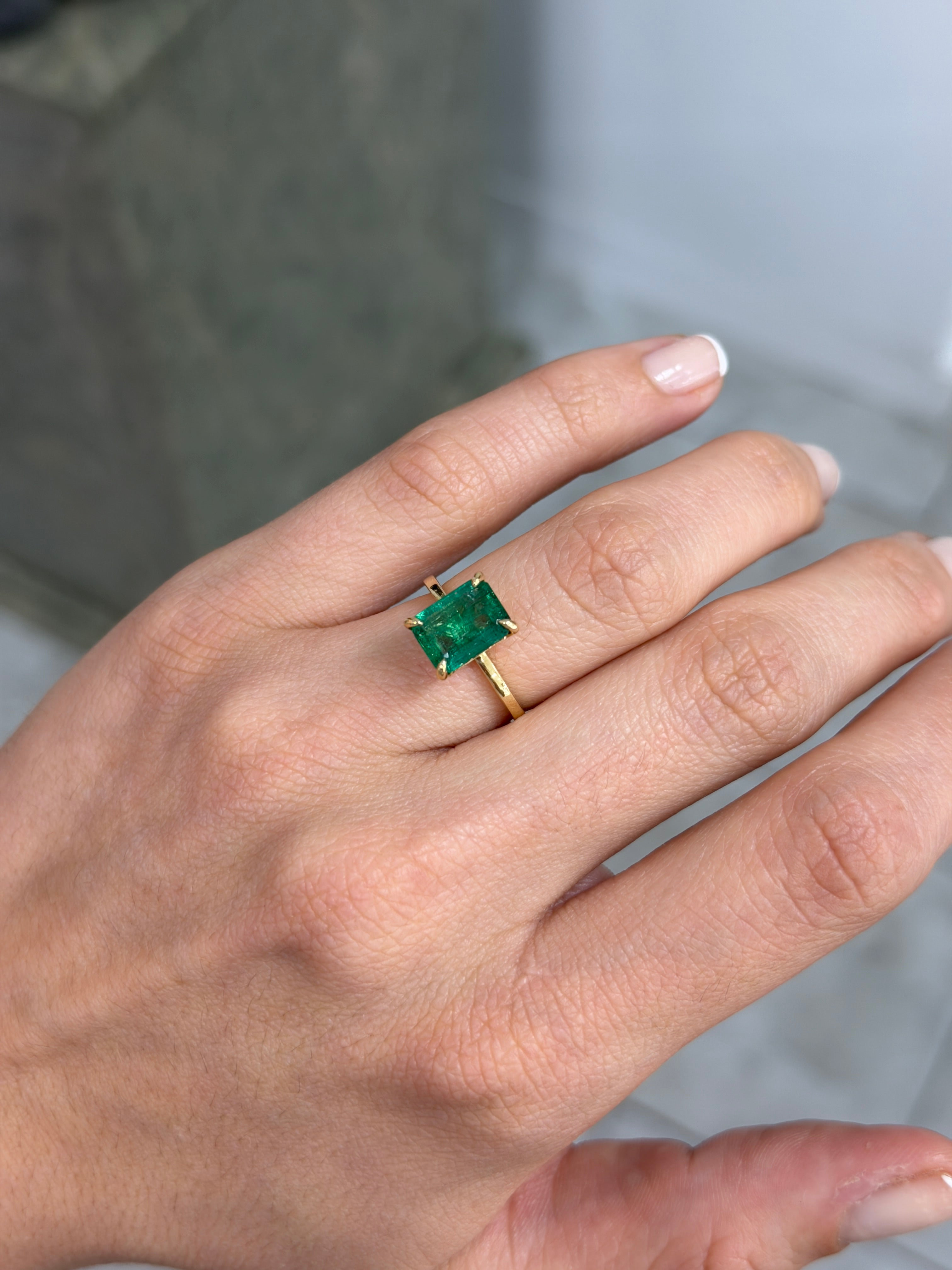 14K natural emerald and diamond convertible three-stone engagement ring with 3.30tcw from Colombian Emerald, elegant and sparkling.