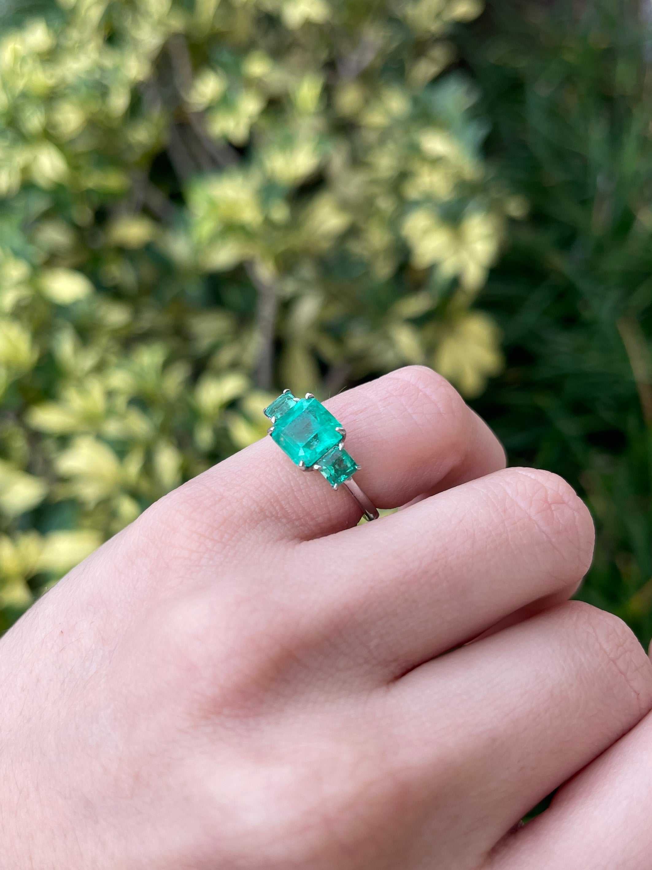 3.37tcw 18K Vivid Asscher Cut Emerald Three Stone Right Hand Engagement Trilogy Ring - JR Colombian Emeralds