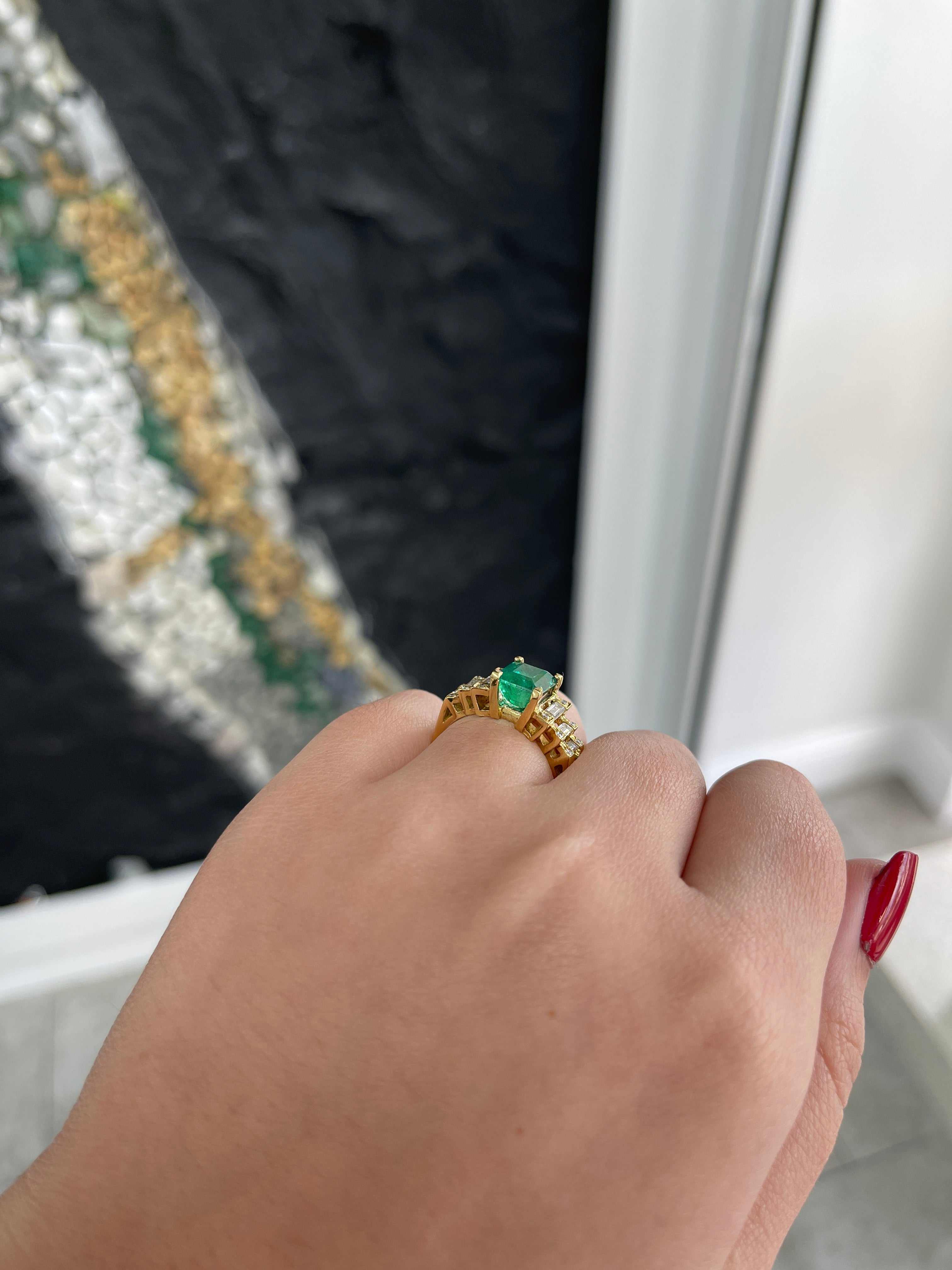 3.57tcw 18K Rich Green Baguette and Round Cut Emerald & Diamond Accent Engagement Ring - JR Colombian Emeralds