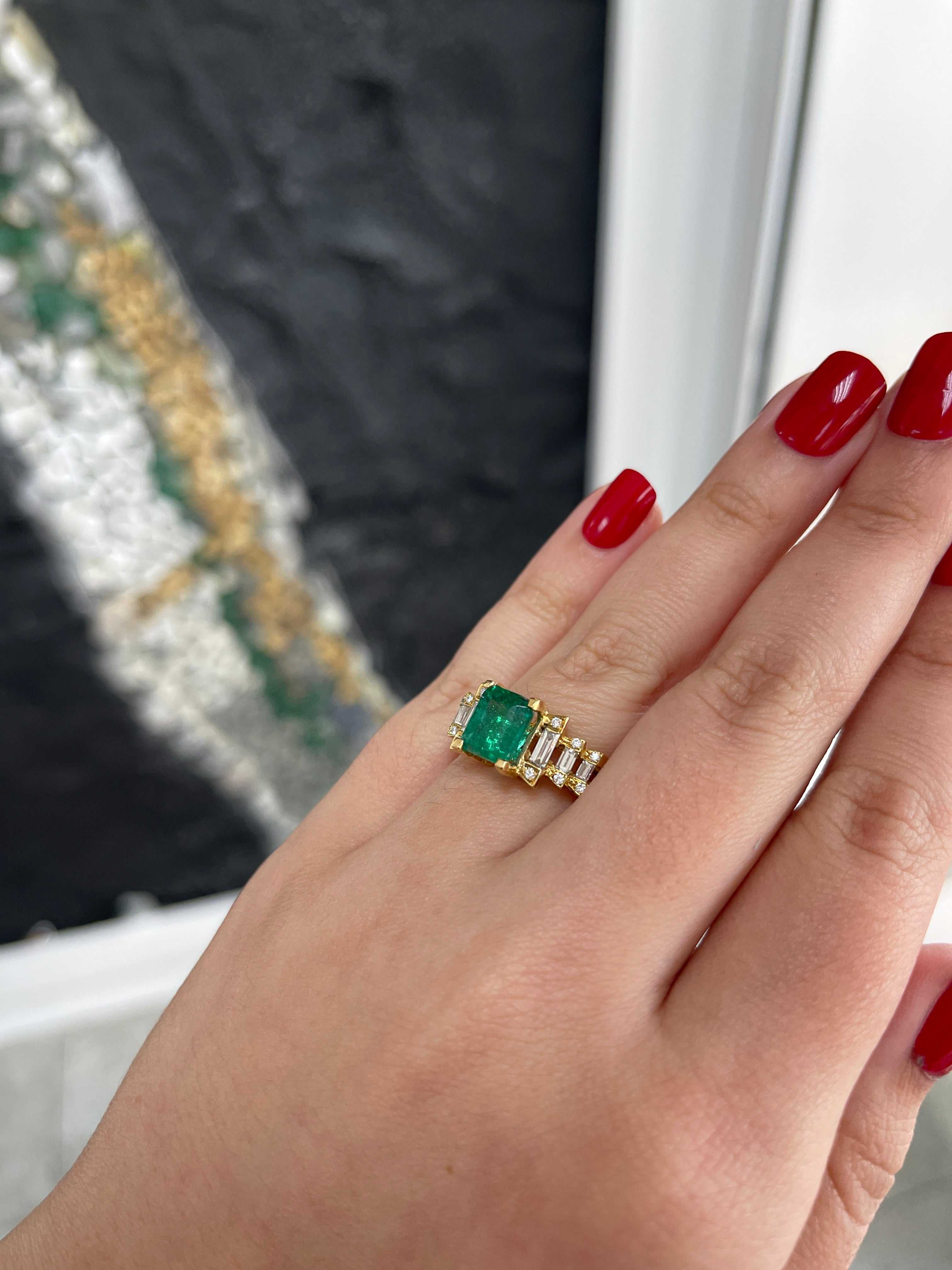 3.57tcw 18K Rich Green Baguette and Round Cut Emerald & Diamond Accent Engagement Ring - JR Colombian Emeralds