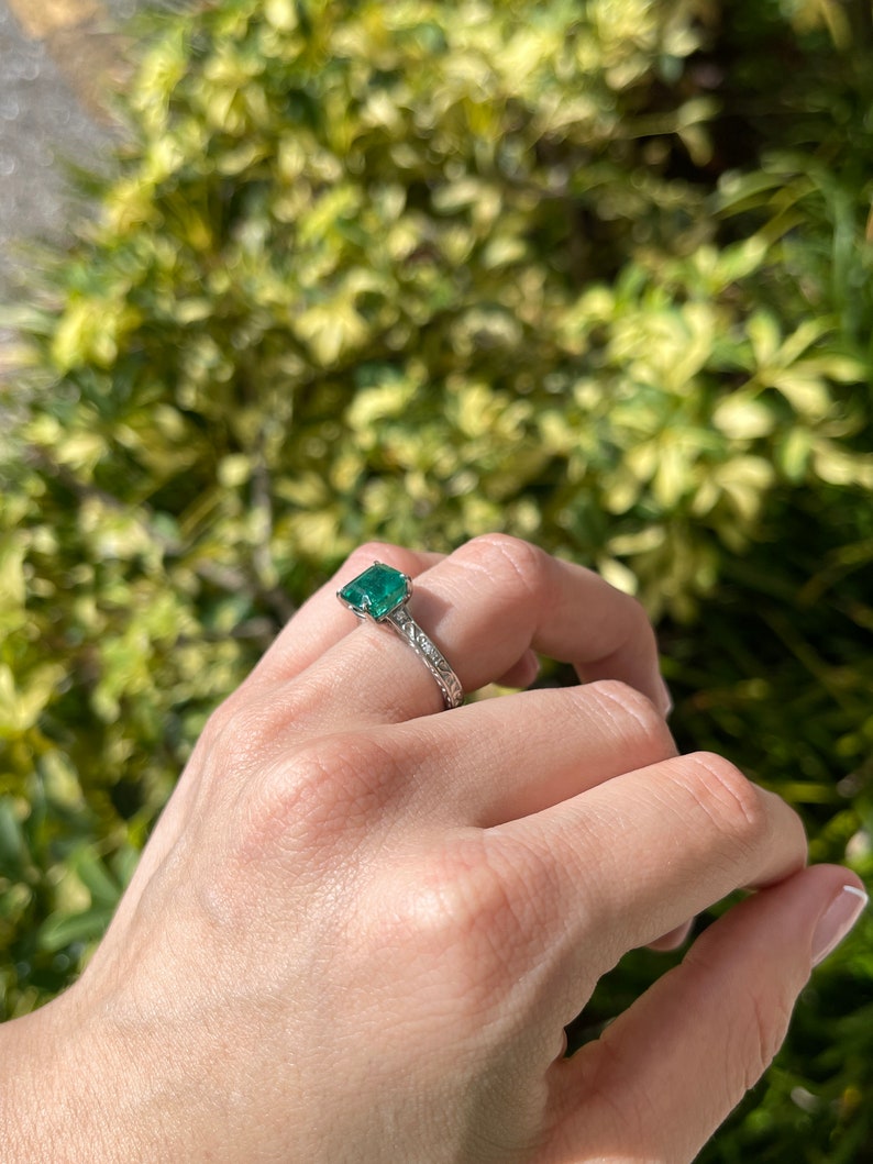 3.57tcw Asscher Cut Emerald & Diamond Engagement Scroll Floral Ring Platinum - JR Colombian Emeralds
