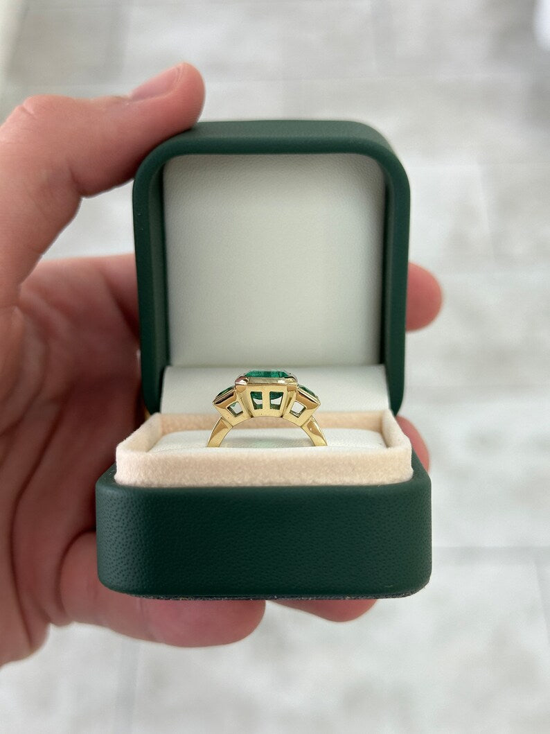 4.08tcw 14K Green Asscher Cut Emerald Trilogy Ring with Princess Cut Accents - JR Colombian Emeralds