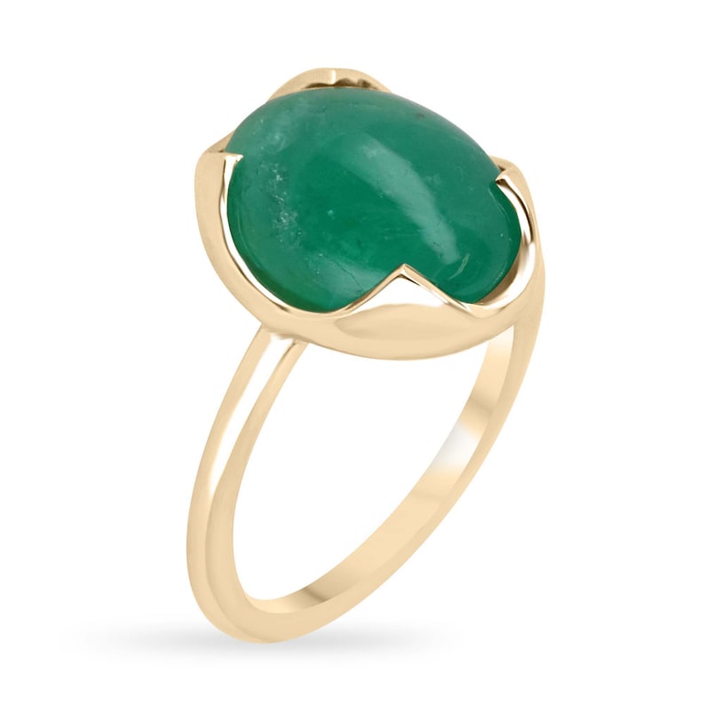 14K dark green dome oval cabochon emerald solitaire engagement ring featuring a 4.29ct Colombian Emerald.