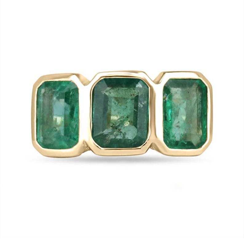 4.40tcw Bezel Set Emerald Cut Trilogy Ring Vintage Scroll Detail 14K Y
